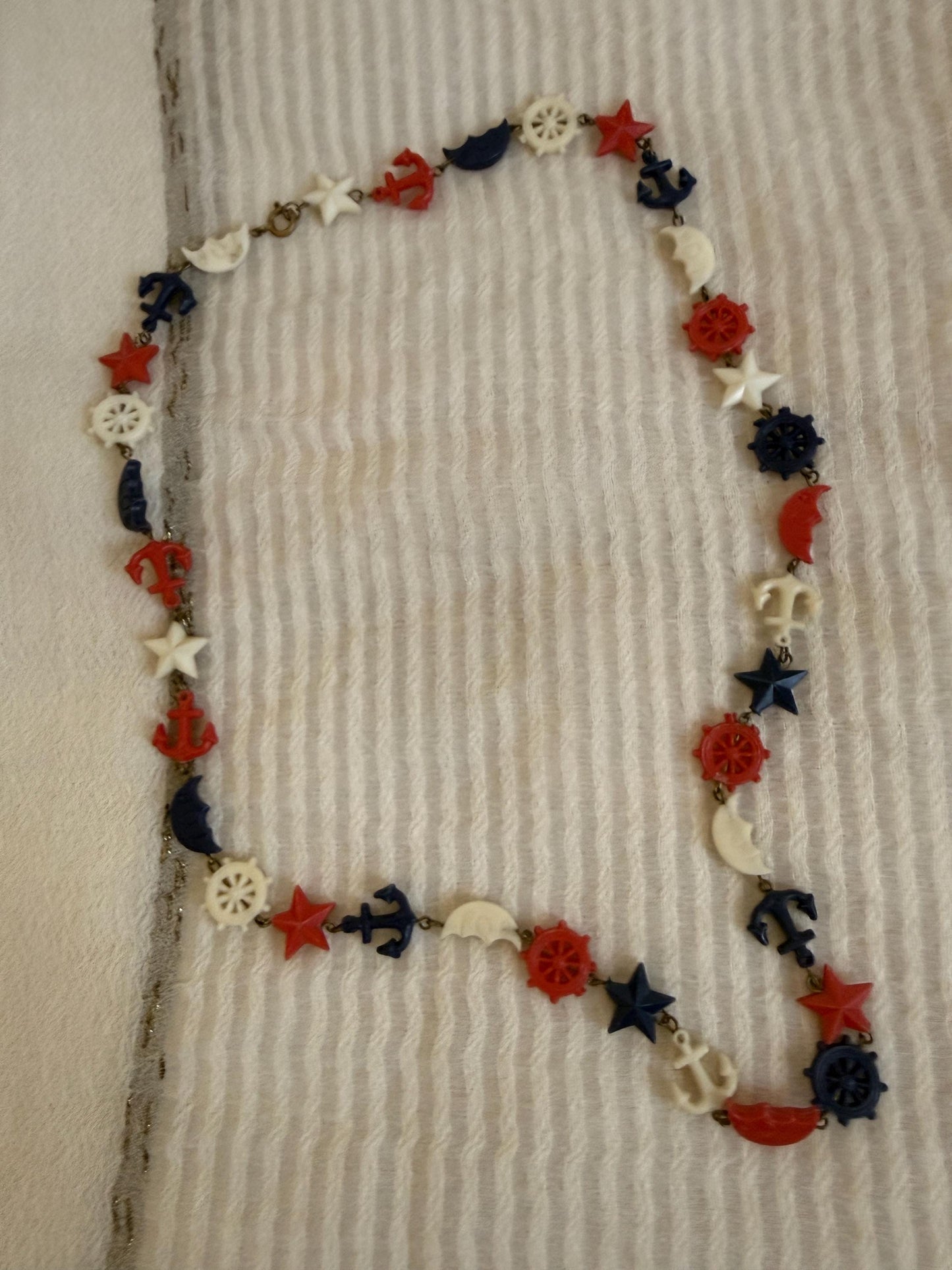 Vintage 1940s Nautical Charm Necklace, Red White Blue Plastic Necklace, Anchor Ship Wheel Star Jewellery