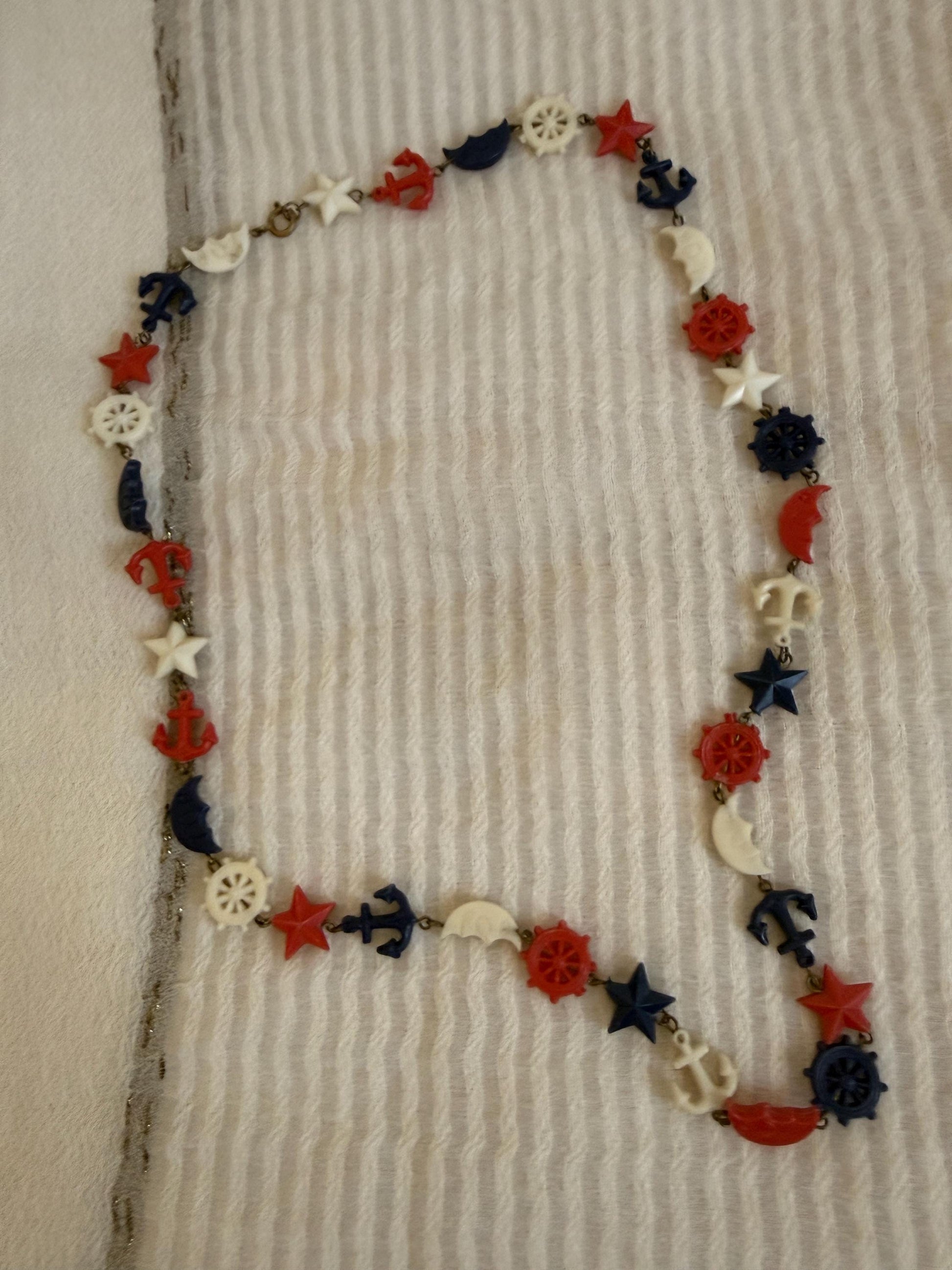 Vintage 1940s Nautical Charm Necklace, Red White Blue Plastic Necklace, Anchor Ship Wheel Star Jewellery