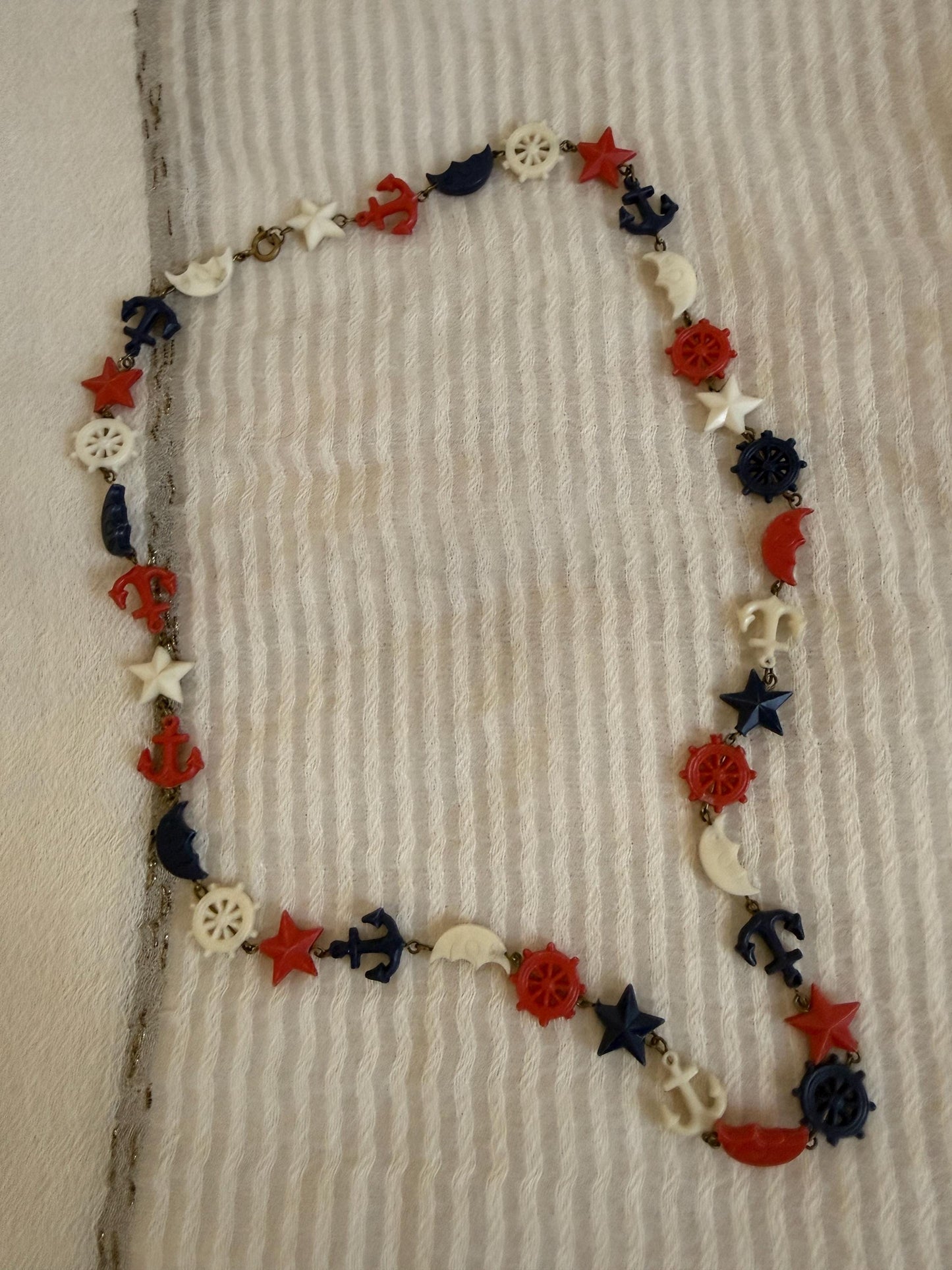 Vintage 1940s Nautical Charm Necklace, Red White Blue Plastic Necklace, Anchor Ship Wheel Star Jewellery