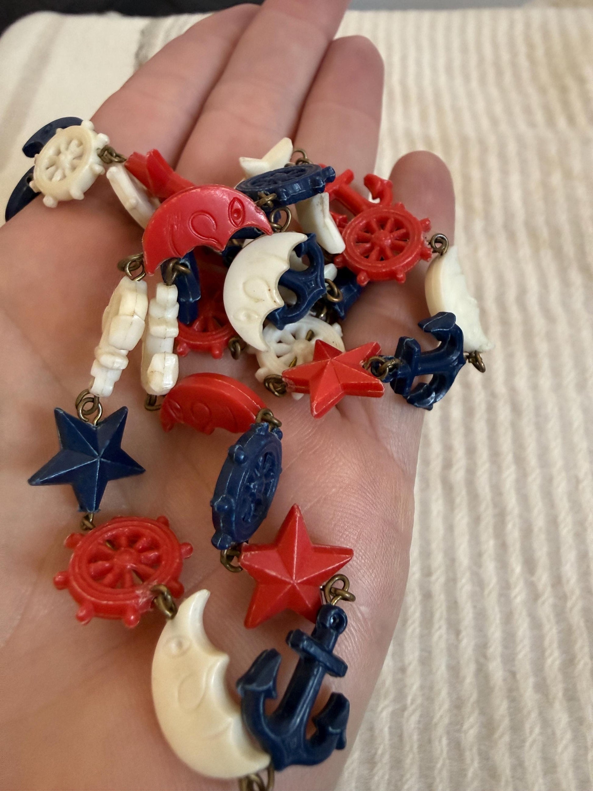 Vintage 1940s Nautical Charm Necklace, Red White Blue Plastic Necklace, Anchor Ship Wheel Star Jewellery