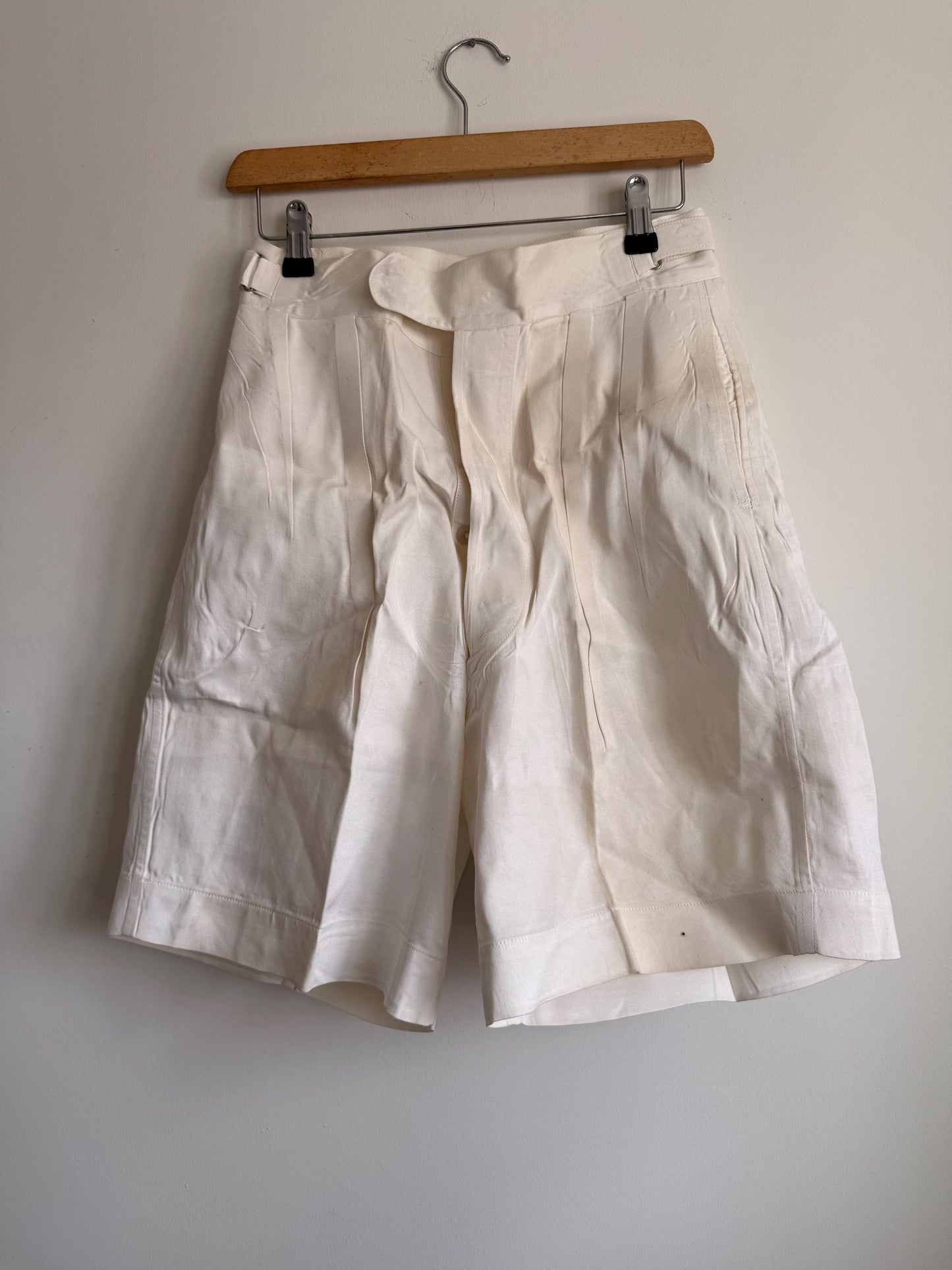 Vintage 1940s White Cotton Drill Shorts | High Waist Button Fly | British Navy Tailored Shorts | WWII Era | Goodwood Revival