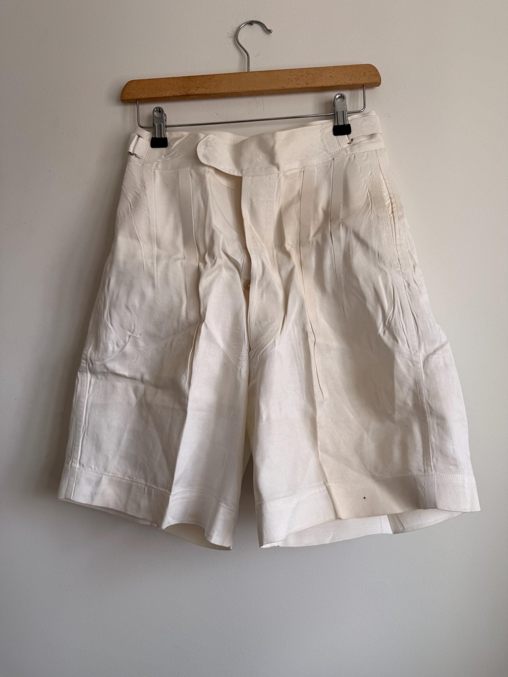 Vintage 1940s White Cotton Drill Shorts | High Waist Button Fly | British Navy Tailored Shorts | WWII Era | Goodwood Revival
