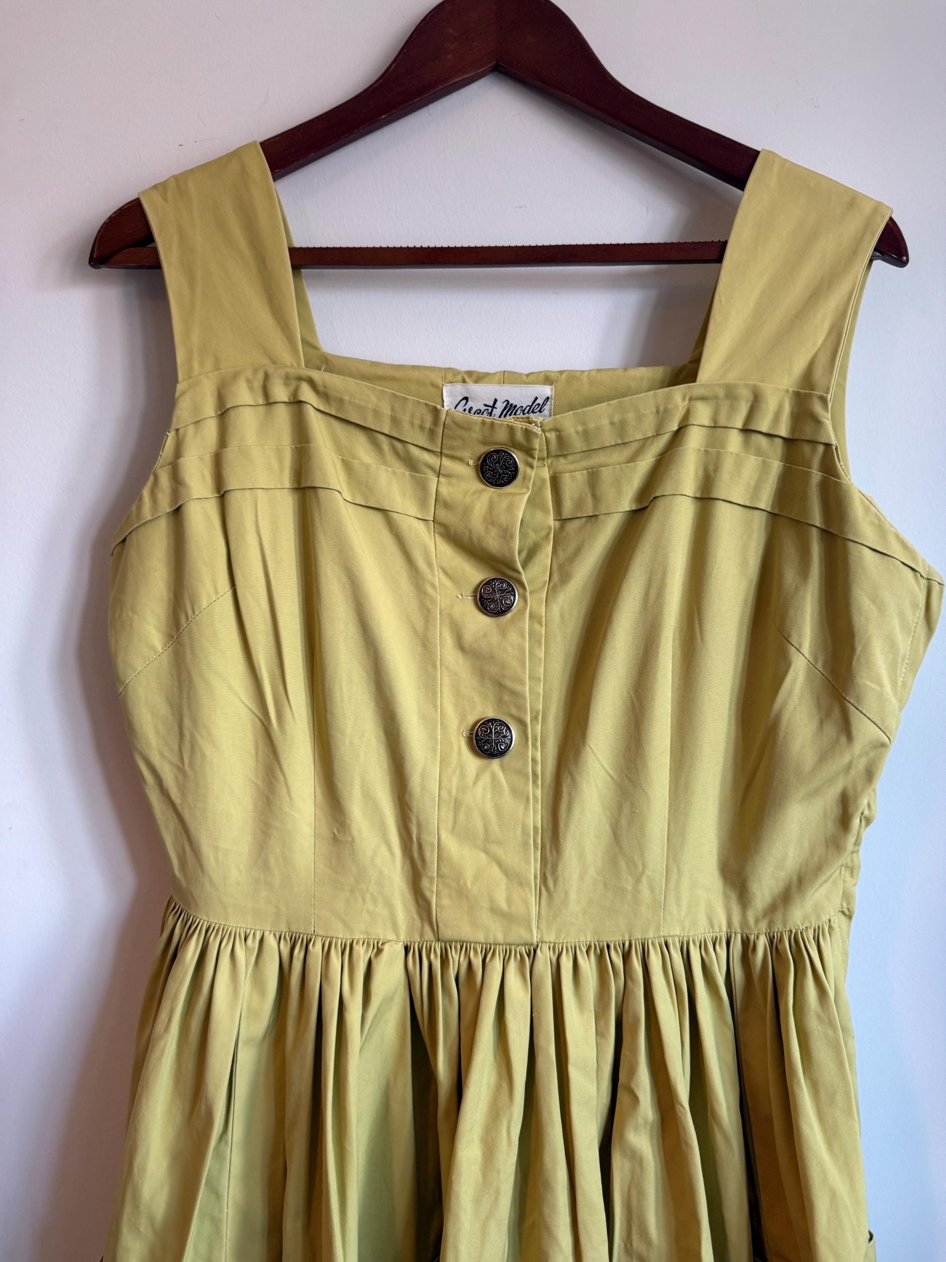 Vintage 1950s Ascot Model Irish Chartreuse Cotton Full Skirt Dress
