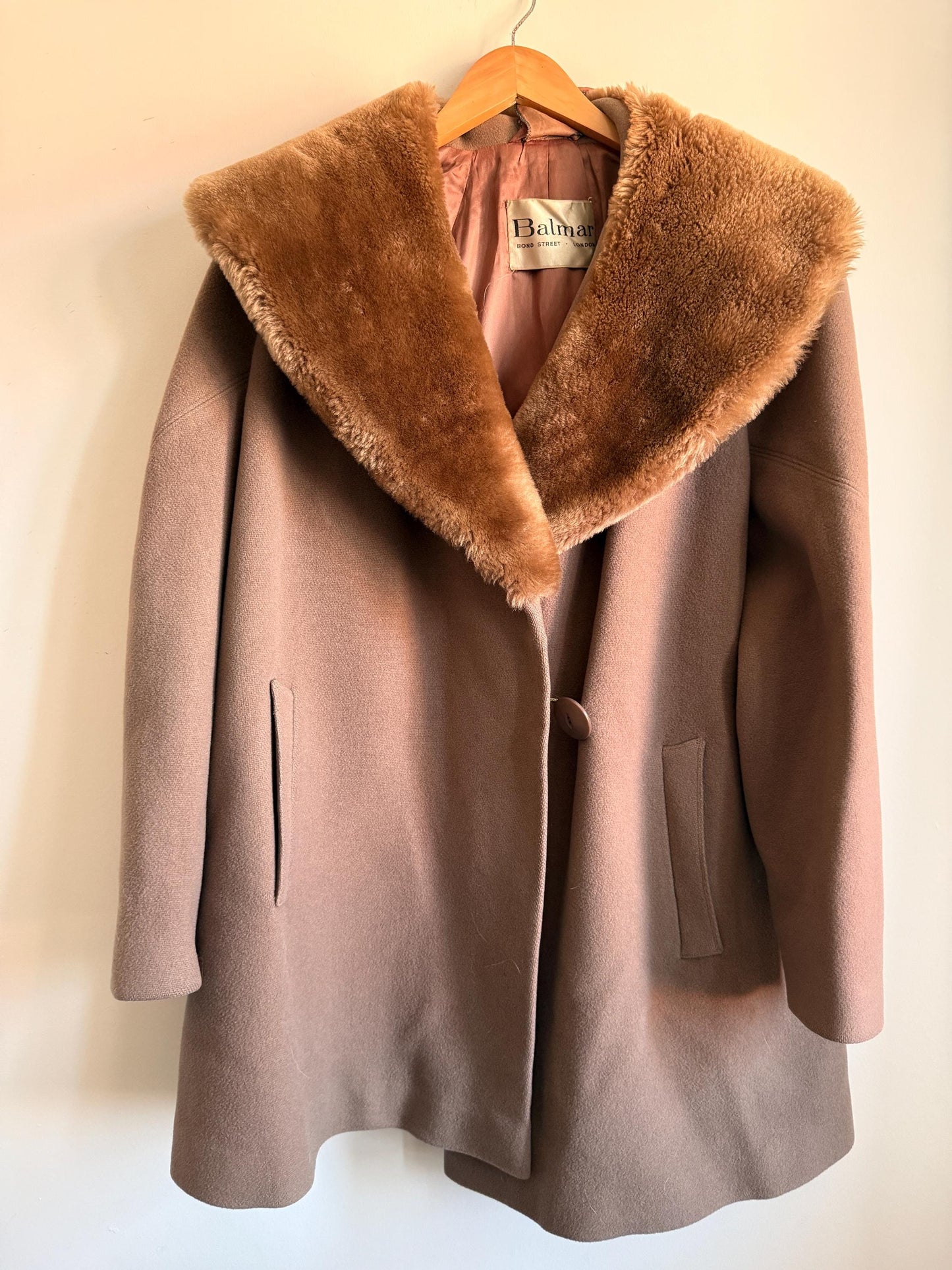 Vintage 1950s Balmar Bond Street London Pure Wool Coat Faux Fur Collar Mod Swing Coat