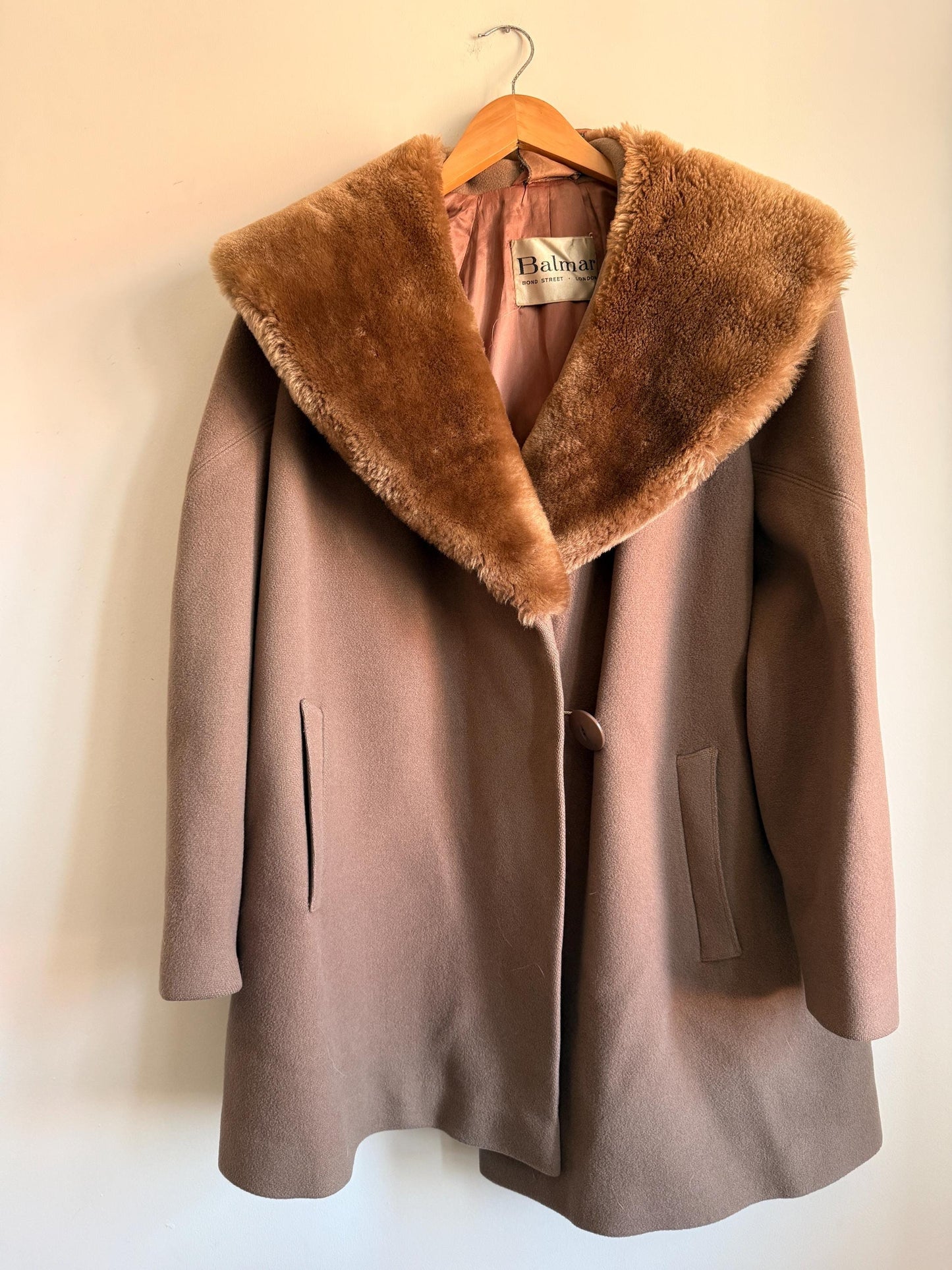Vintage 1950s Balmar Bond Street London Pure Wool Coat Faux Fur Collar Mod Swing Coat