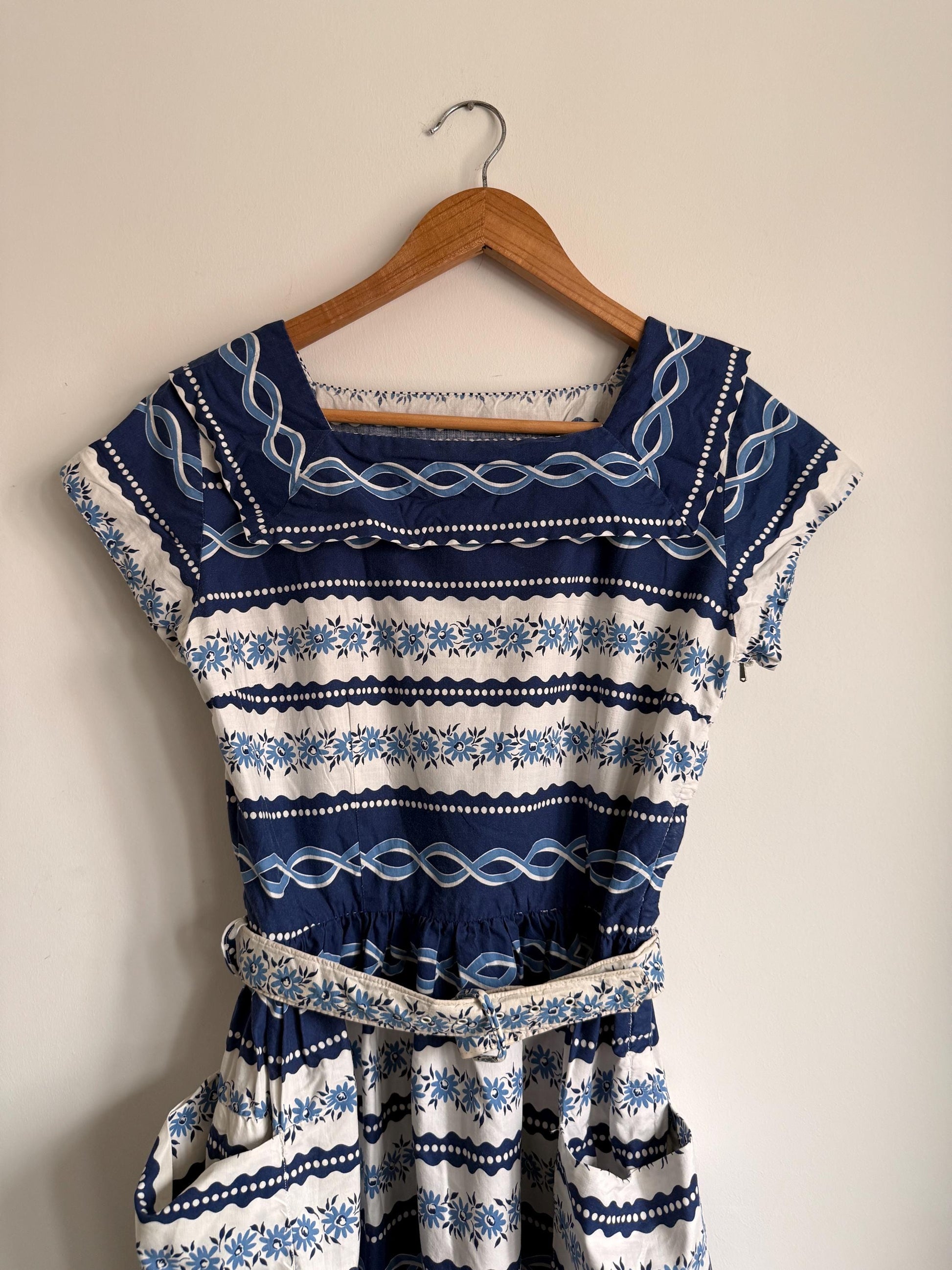 Vintage 1950s Blue Floral Cotton Dress | Scandinavian Folk Print Dress | Belted Cotton Day Dress | Retro Summer Dress | UK 10-12