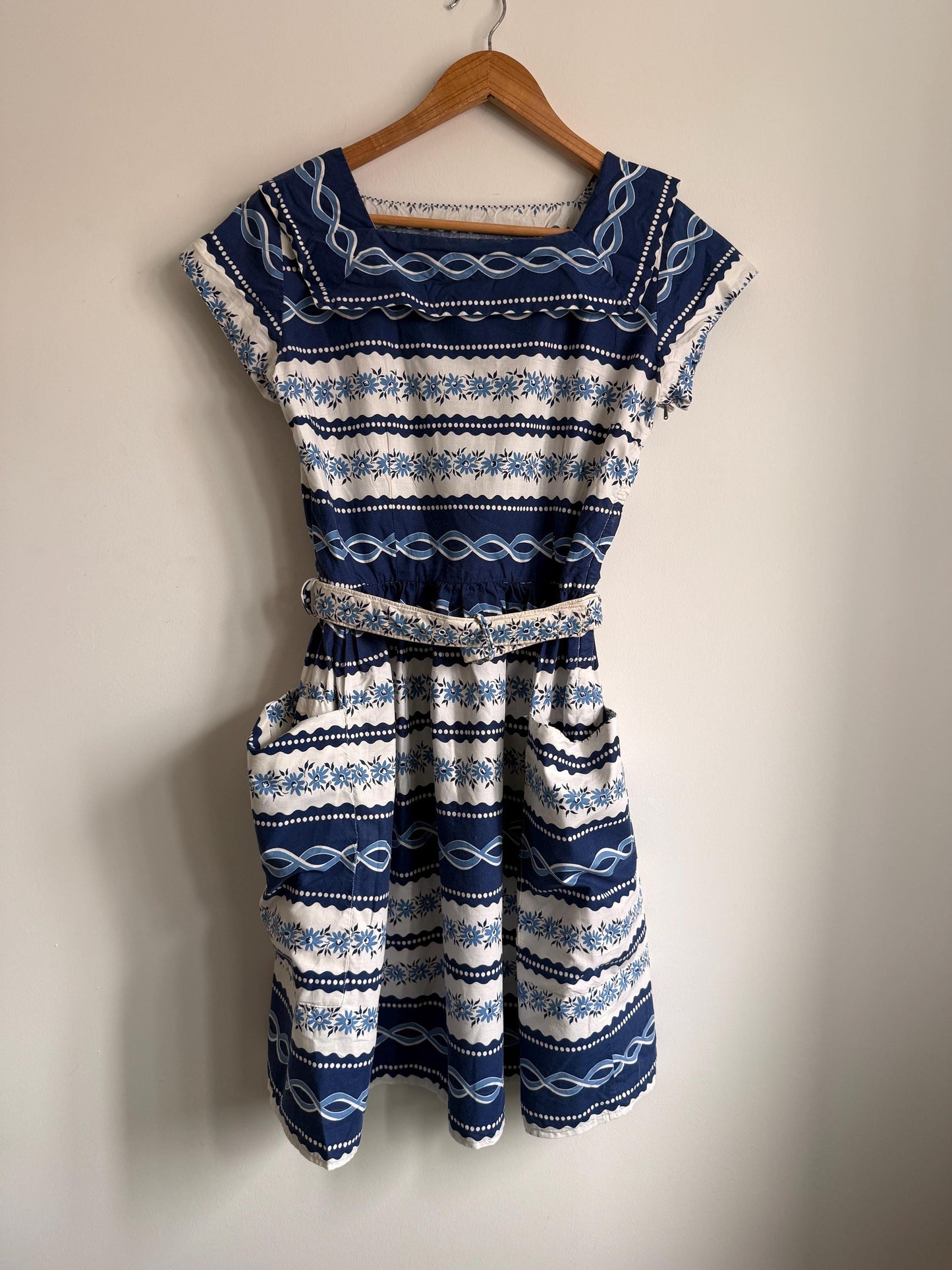 Vintage 1950s Blue Floral Cotton Dress | Scandinavian Folk Print Dress | Belted Cotton Day Dress | Retro Summer Dress | UK 10-12