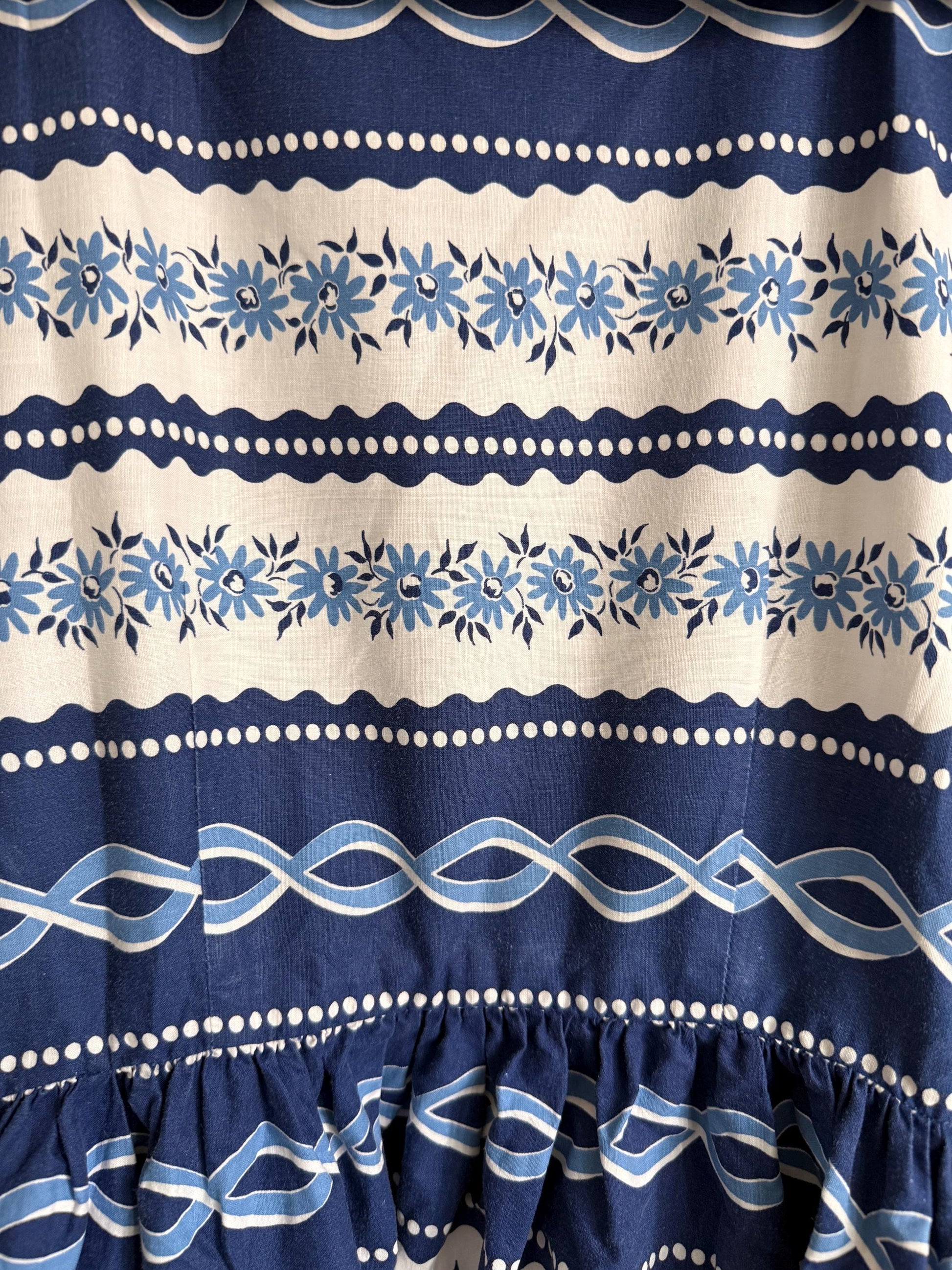 Vintage 1950s Blue Floral Cotton Dress | Scandinavian Folk Print Dress | Belted Cotton Day Dress | Retro Summer Dress | UK 10-12