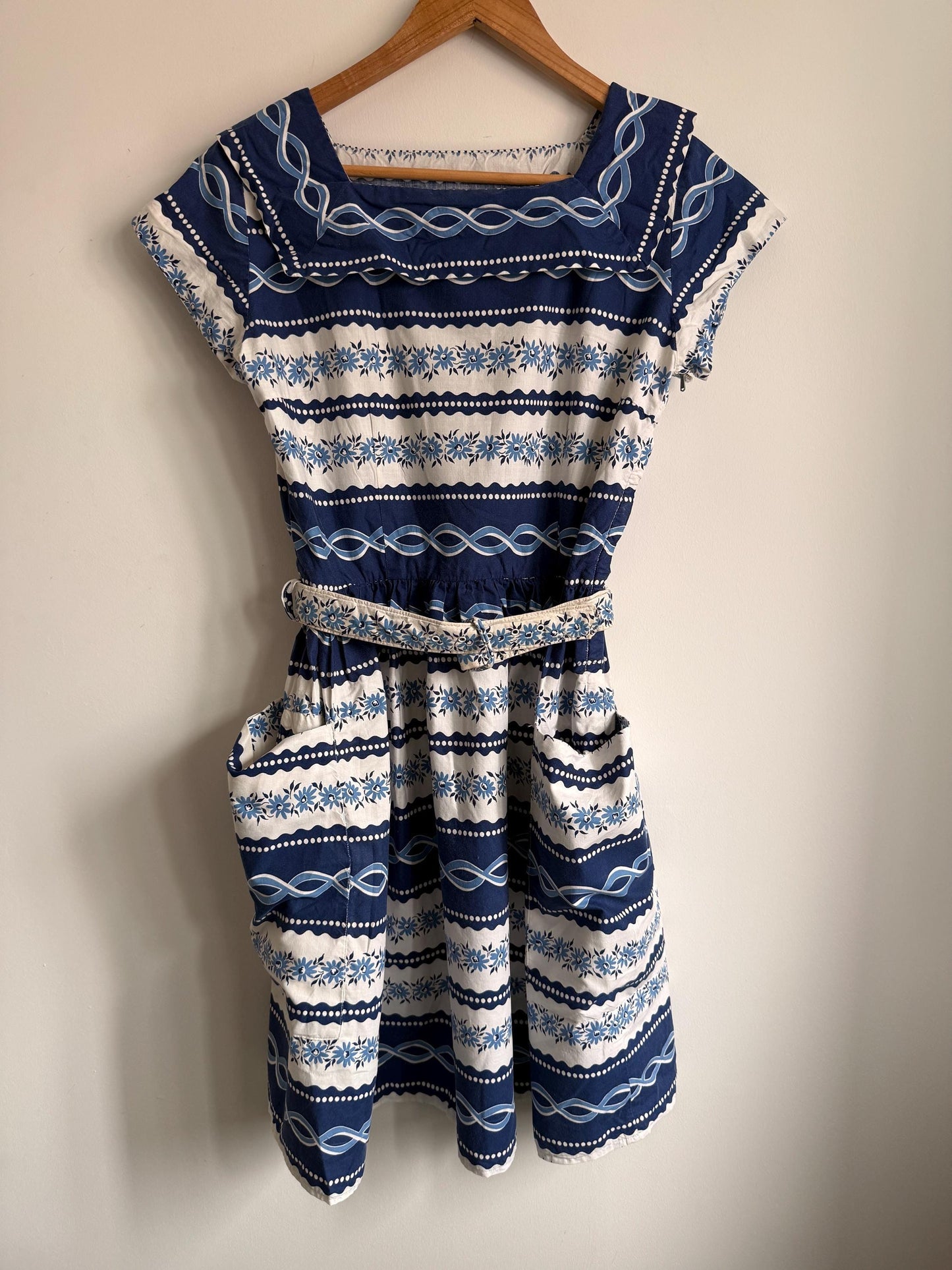Vintage 1950s Blue Floral Cotton Dress | Scandinavian Folk Print Dress | Belted Cotton Day Dress | Retro Summer Dress | UK 10-12