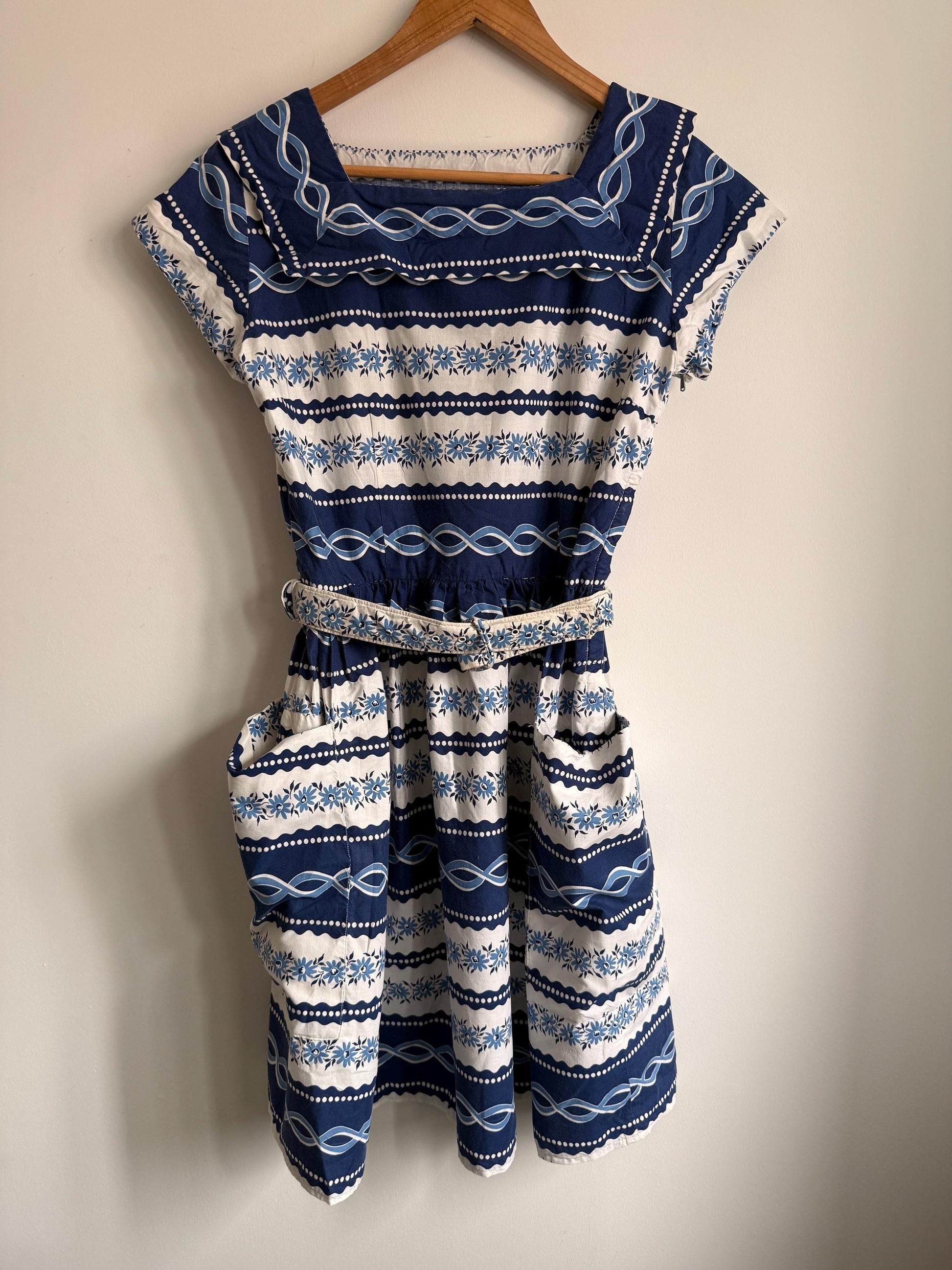 Vintage 1950s Blue Floral Cotton Dress | Scandinavian Folk Print Dress | Belted Cotton Day Dress | Retro Summer Dress | UK 10-12