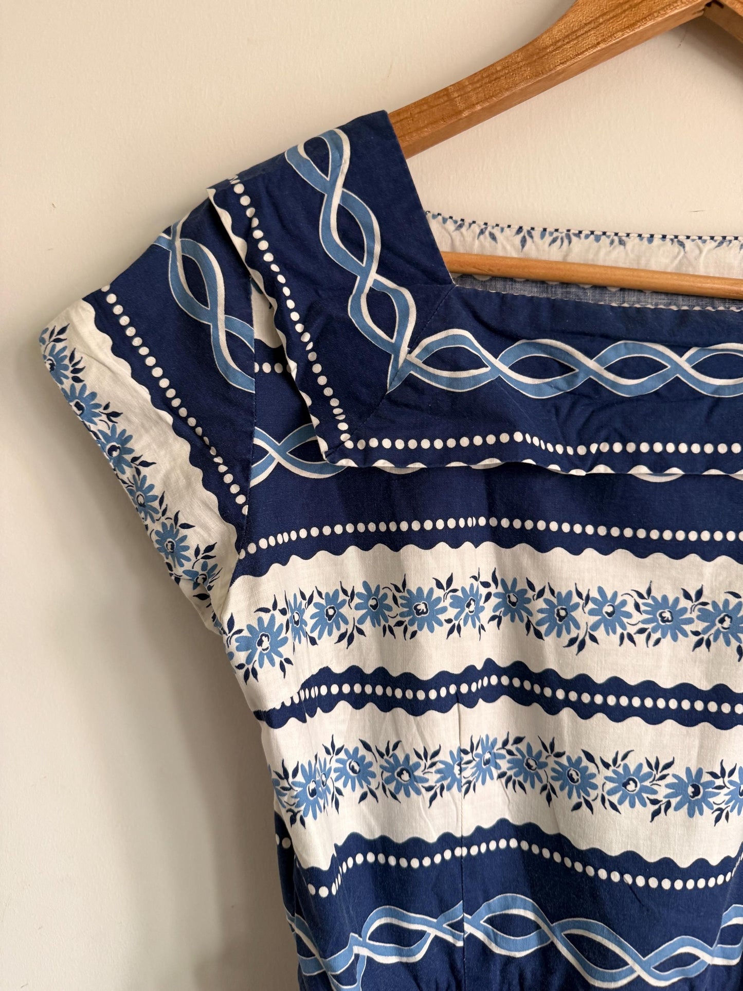 Vintage 1950s Blue Floral Cotton Dress | Scandinavian Folk Print Dress | Belted Cotton Day Dress | Retro Summer Dress | UK 10-12