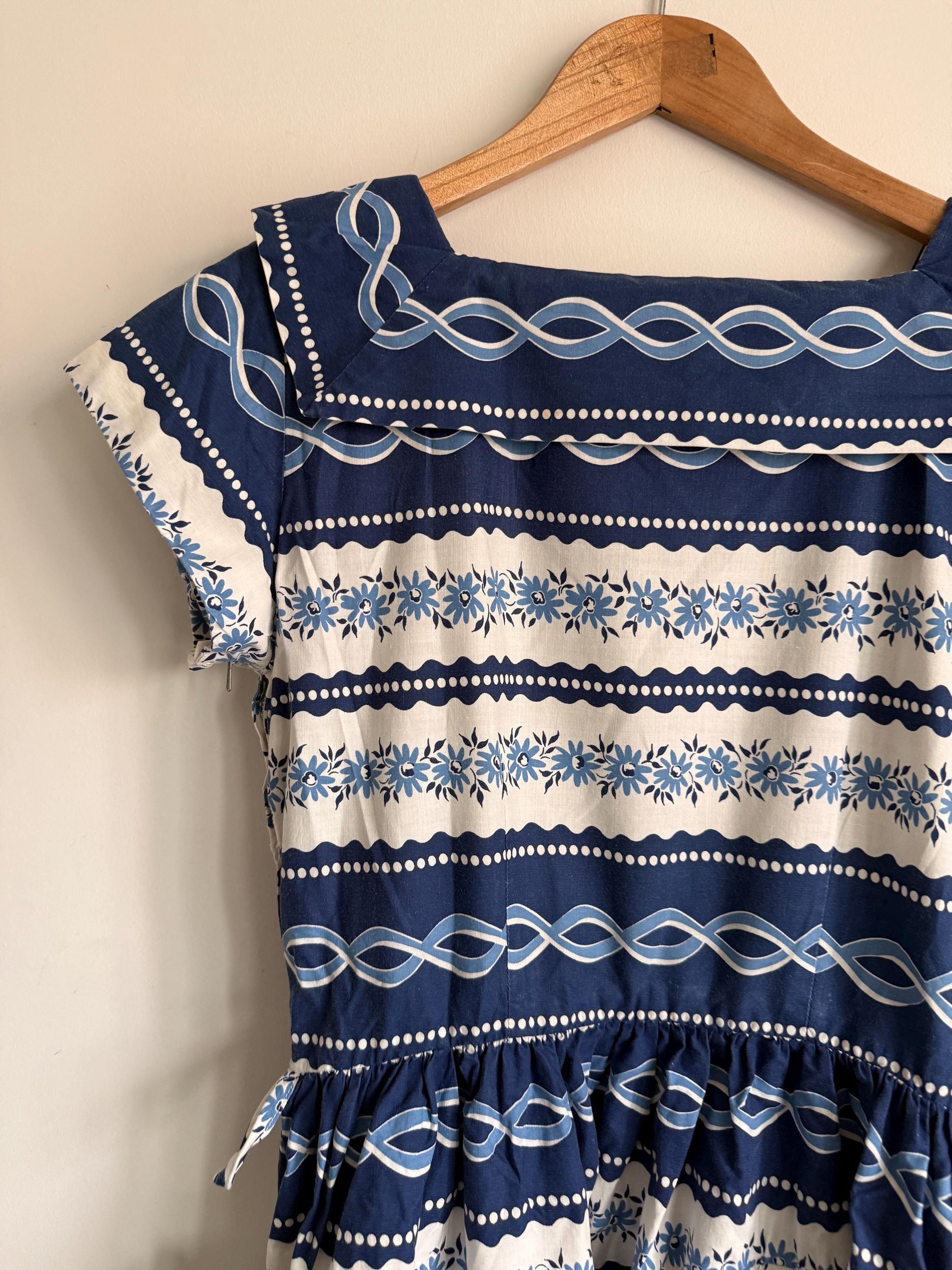 Vintage 1950s Blue Floral Cotton Dress | Scandinavian Folk Print Dress | Belted Cotton Day Dress | Retro Summer Dress | UK 10-12