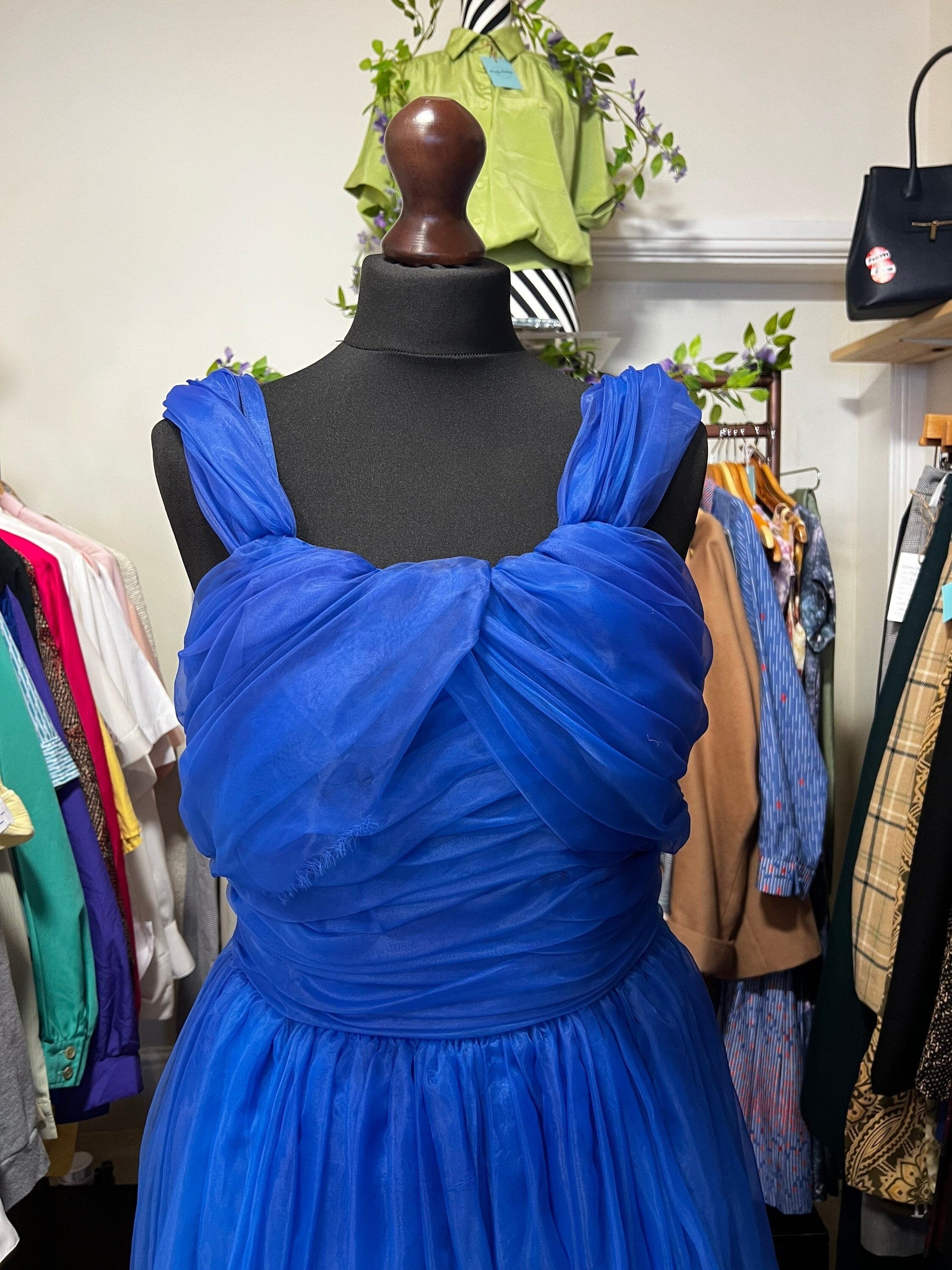 Vintage 1950s Blue Prom Dress Chiffon Overlayer Semi Sheer Skirt - Lots of volume