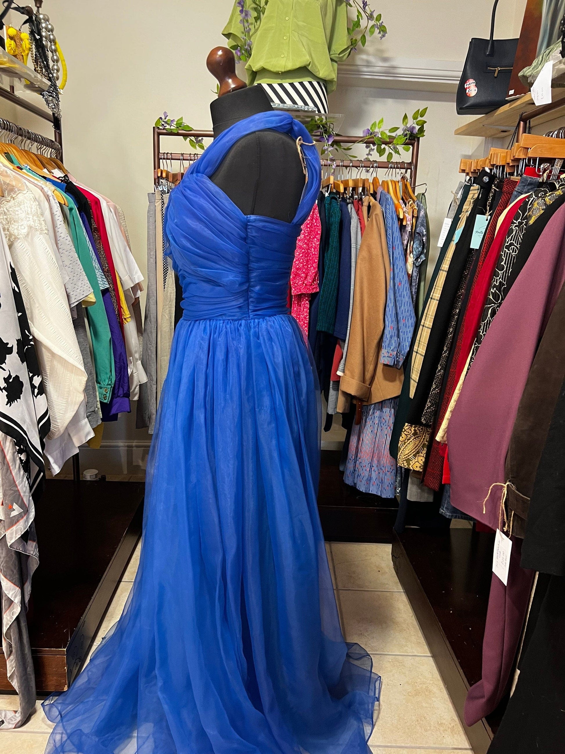 Vintage 1950s Blue Prom Dress Chiffon Overlayer Semi Sheer Skirt - Lots of volume