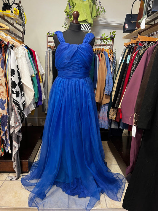 Vintage 1950s Blue Prom Dress Chiffon Overlayer Semi Sheer Skirt - Lots of volume