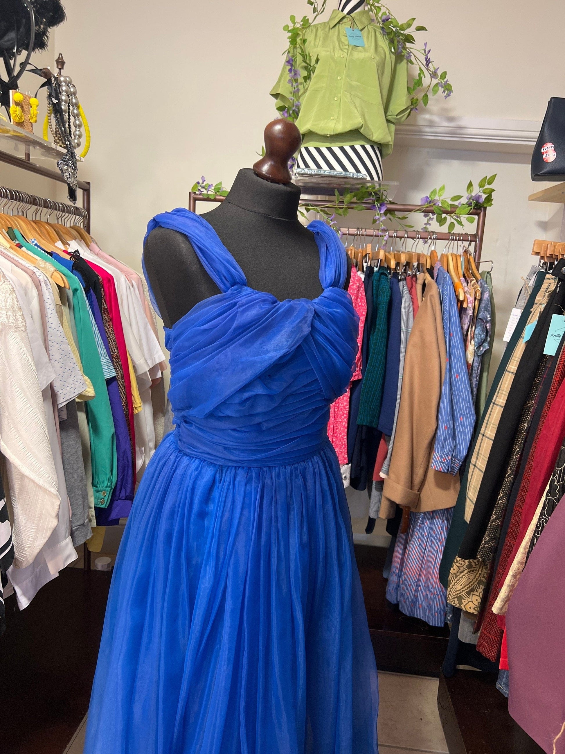 Vintage 1950s Blue Prom Dress Chiffon Overlayer Semi Sheer Skirt - Lots of volume