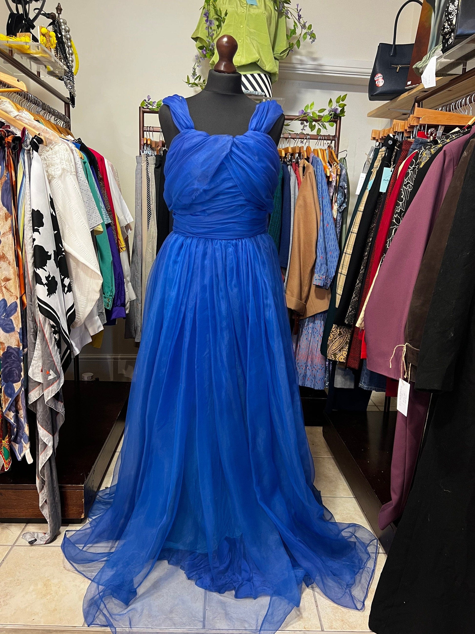 Vintage 1950s Blue Prom Dress Chiffon Overlayer Semi Sheer Skirt - Lots of volume
