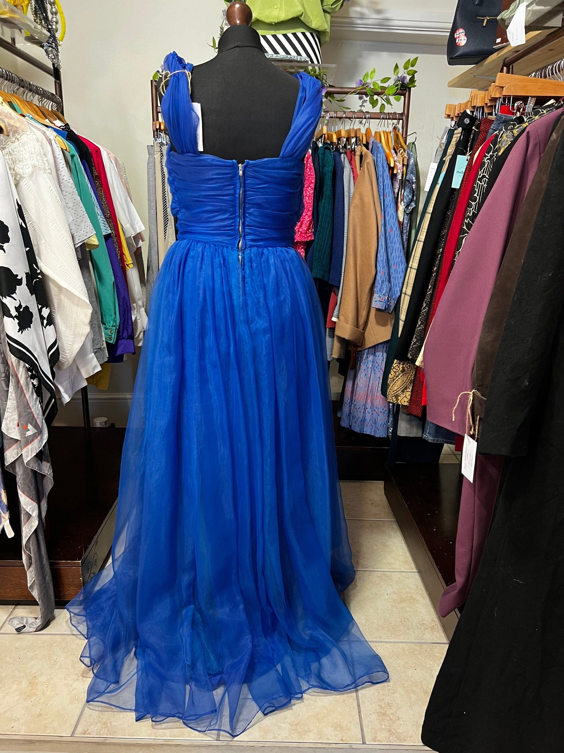 Vintage 1950s Blue Prom Dress Chiffon Overlayer Semi Sheer Skirt - Lots of volume