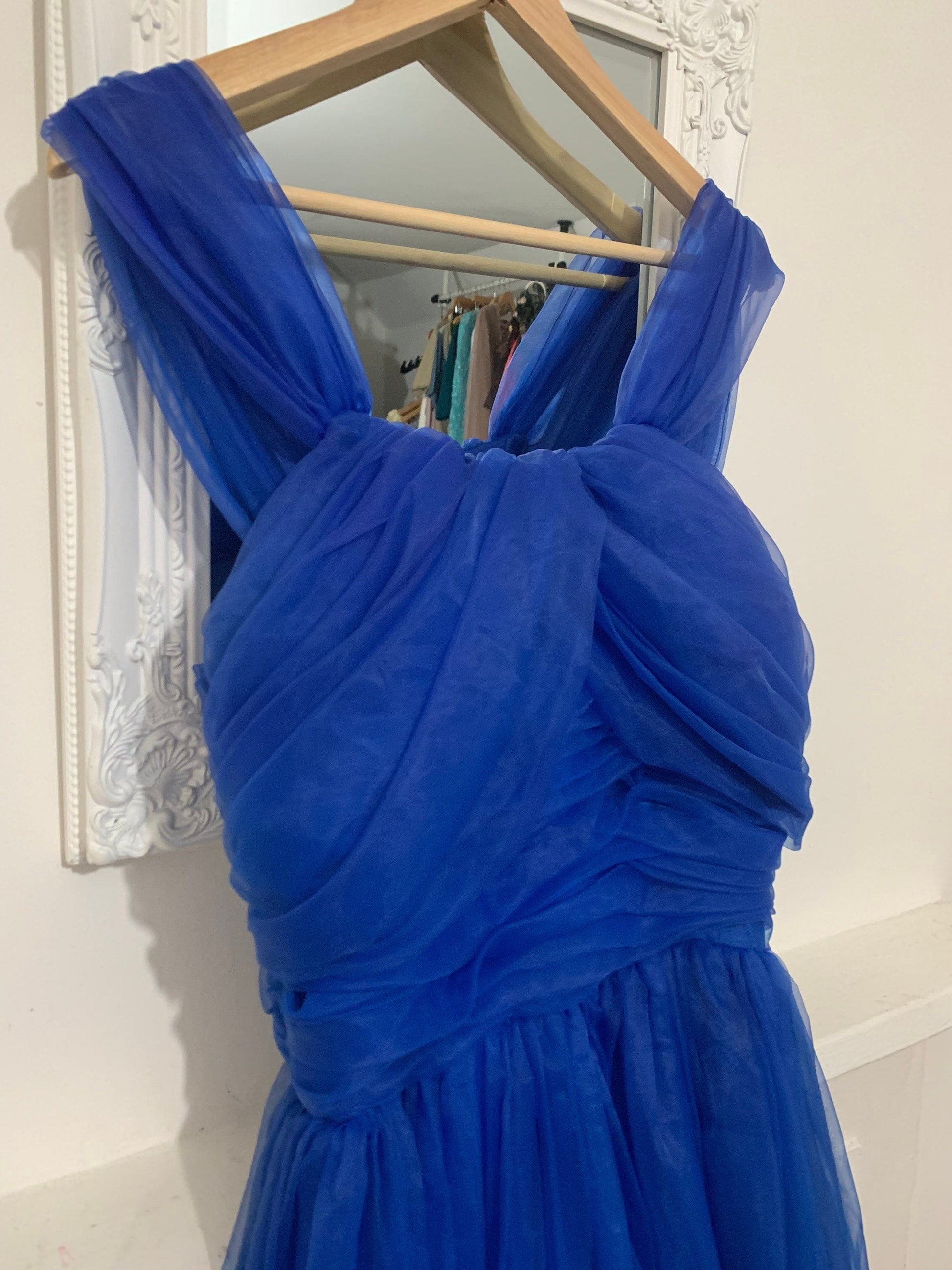 Vintage 1950s Blue Prom Dress Chiffon Overlayer Semi Sheer Skirt - Lots of volume
