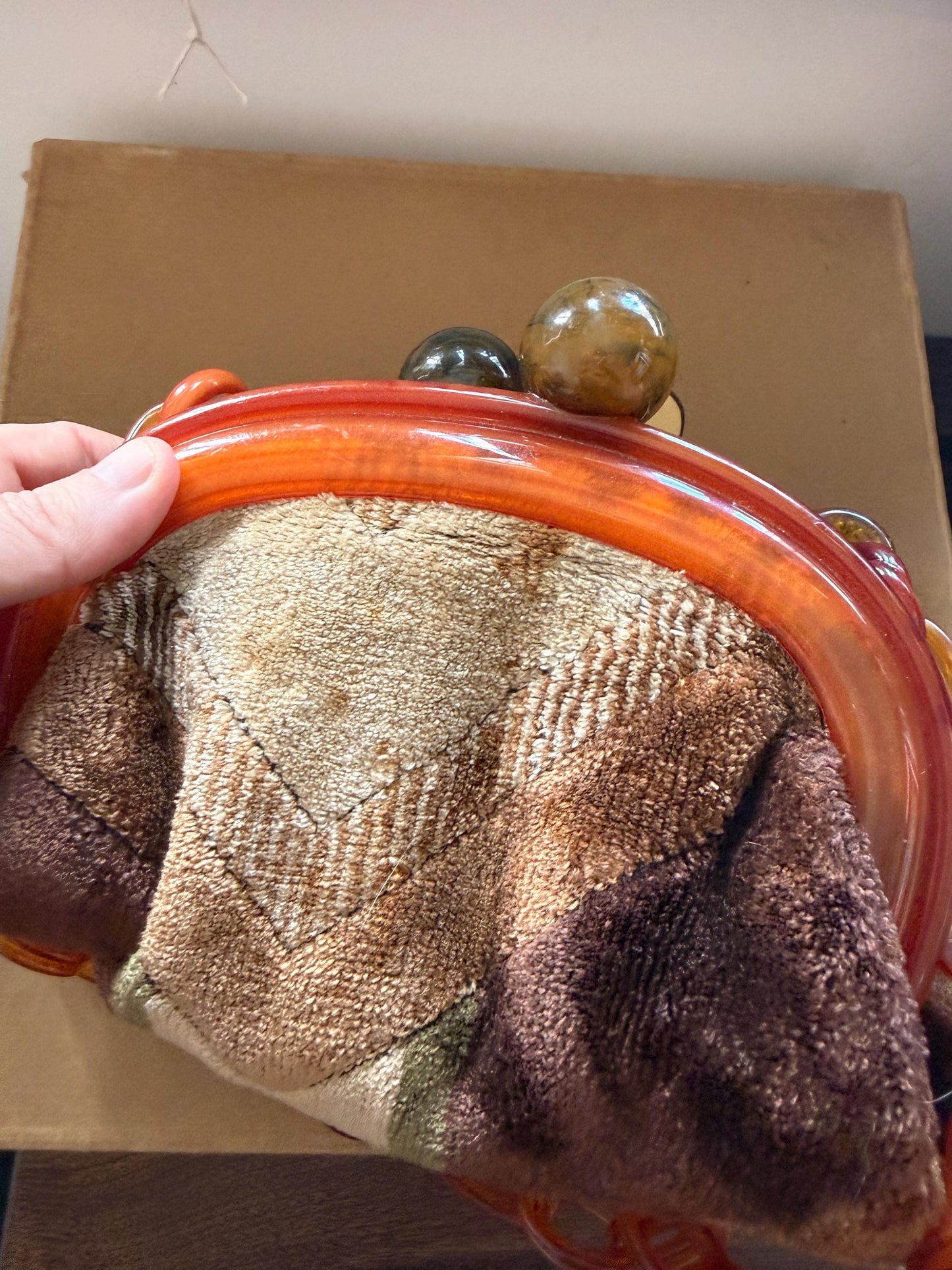 Vintage 1950s Chenille Carpet Bag – Amber Bakelite-Type Frame Chunky Chain Handbag