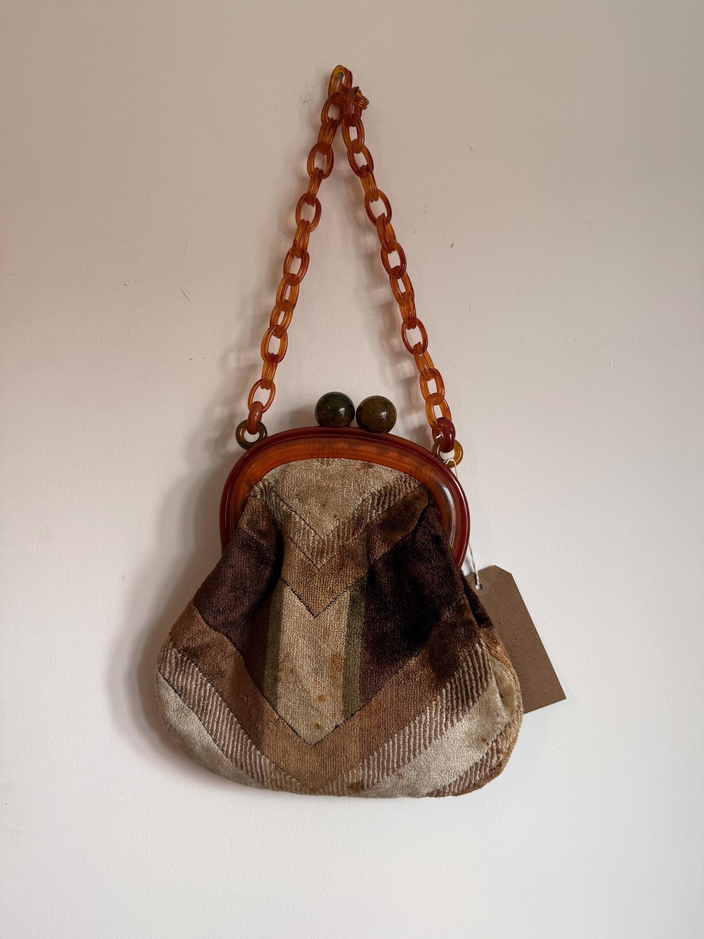 Vintage 1950s Chenille Carpet Bag – Amber Bakelite-Type Frame Chunky Chain Handbag