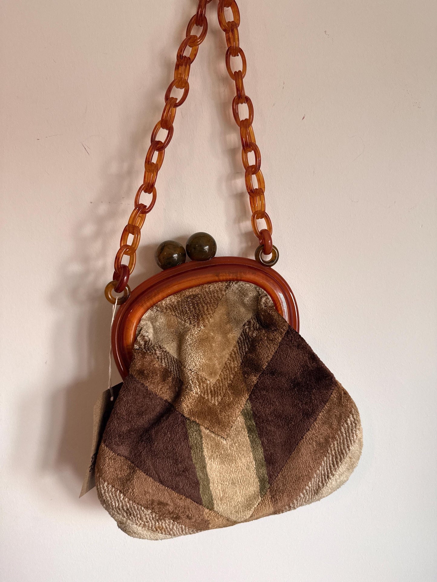Vintage 1950s Chenille Carpet Bag – Amber Bakelite-Type Frame Chunky Chain Handbag