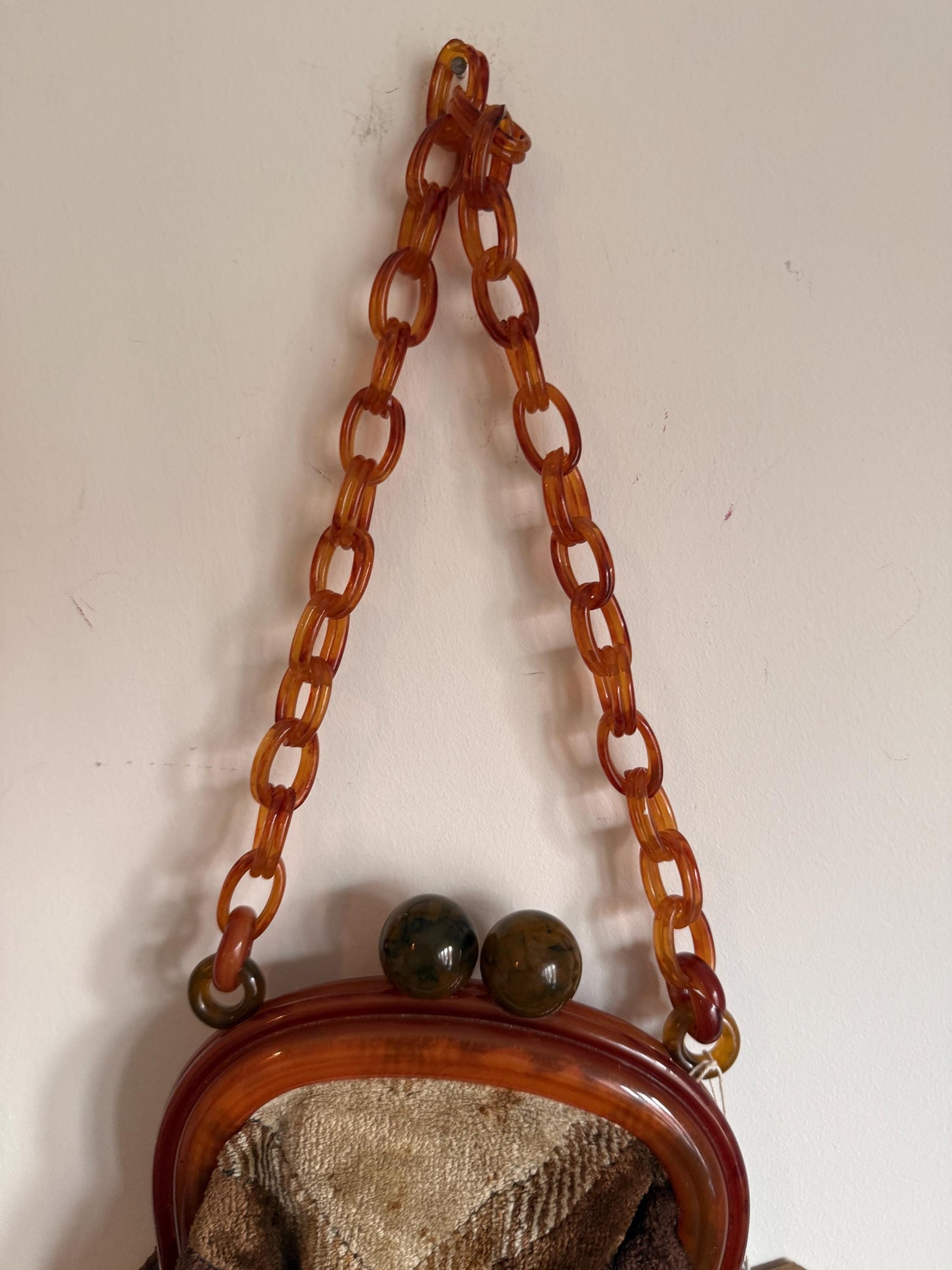 Vintage 1950s Chenille Carpet Bag – Amber Bakelite-Type Frame Chunky Chain Handbag