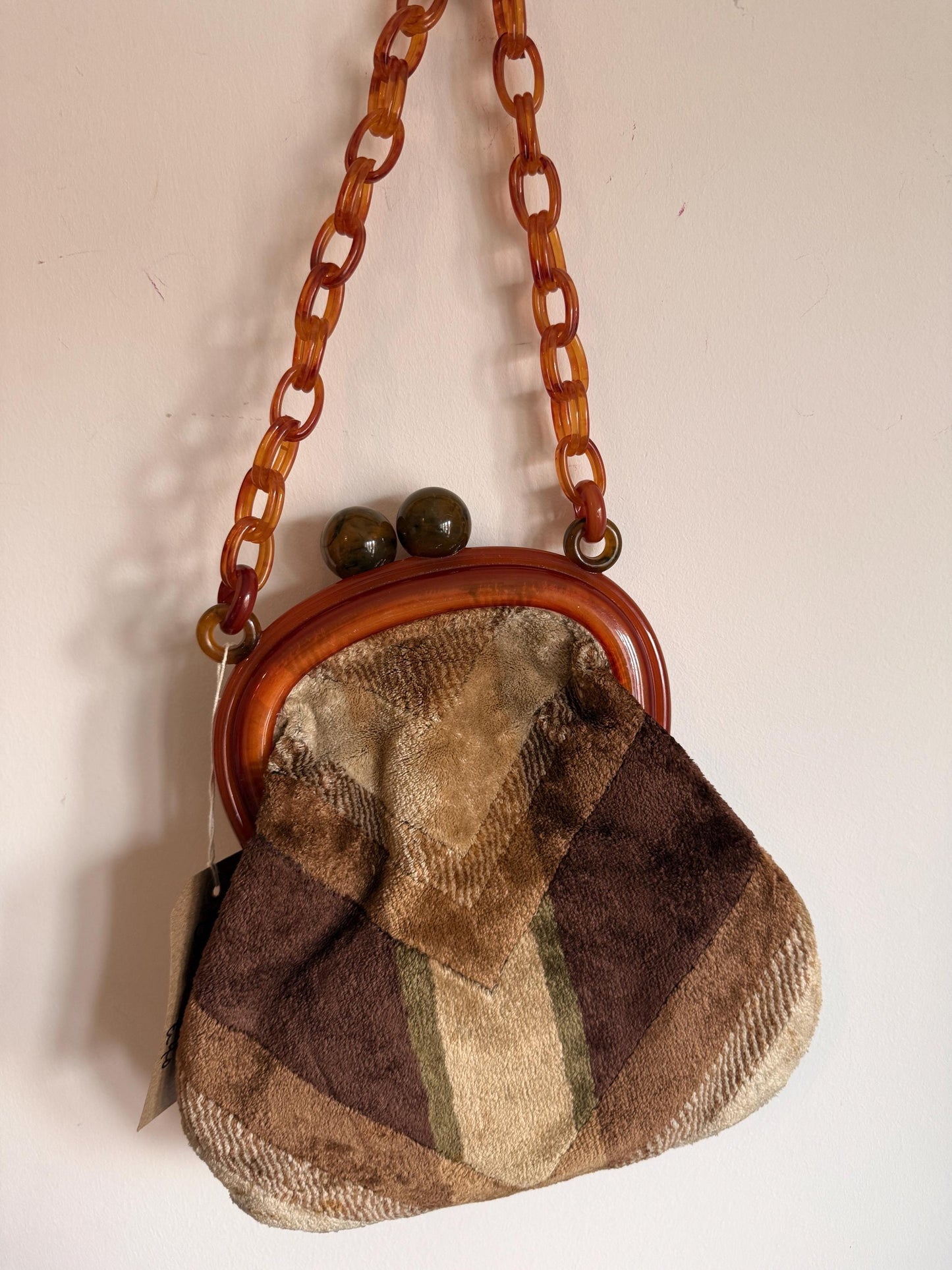 Vintage 1950s Chenille Carpet Bag – Amber Bakelite-Type Frame Chunky Chain Handbag