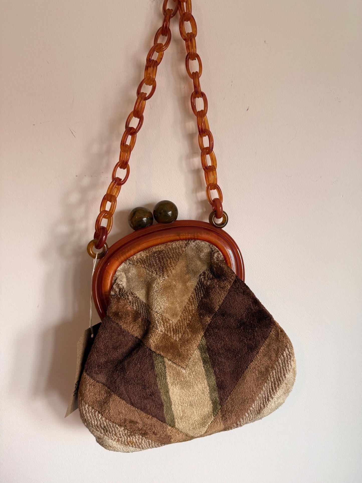 Vintage 1950s Chenille Carpet Bag – Amber Bakelite-Type Frame Chunky Chain Handbag