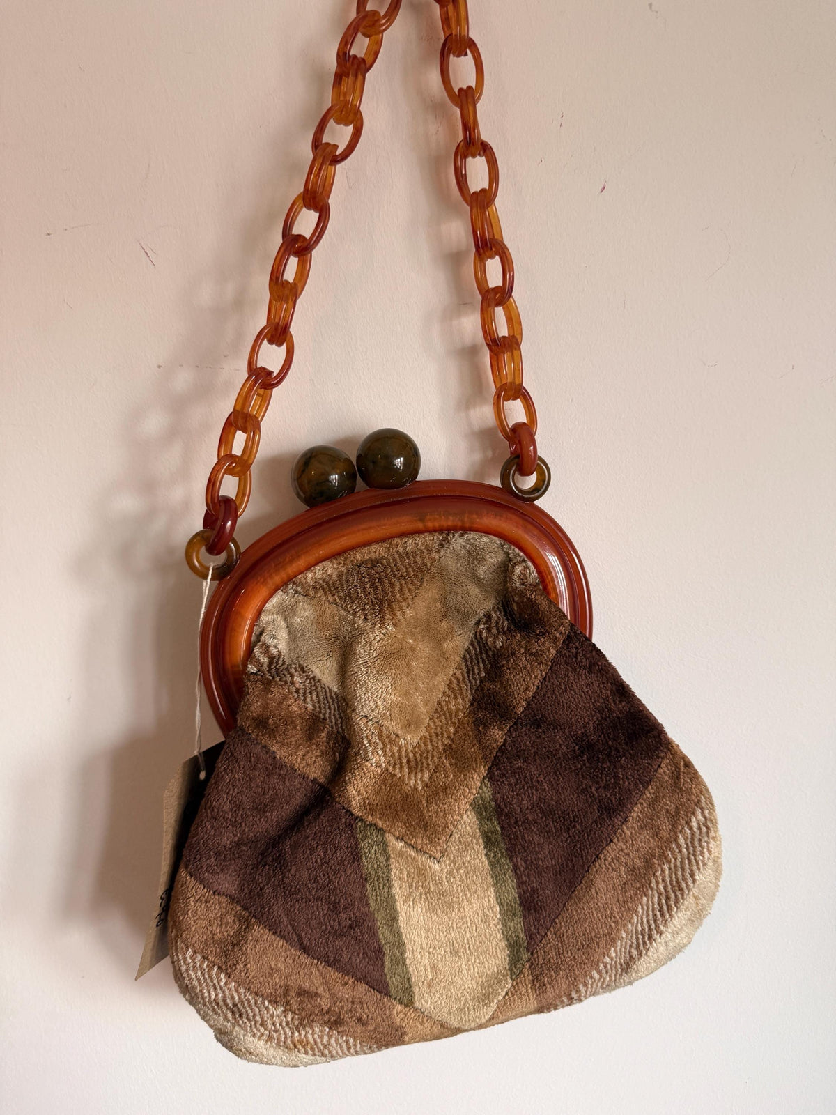 Vintage 1950s Chenille Carpet Bag – Amber Bakelite-Type Frame Chunky Chain Handbag