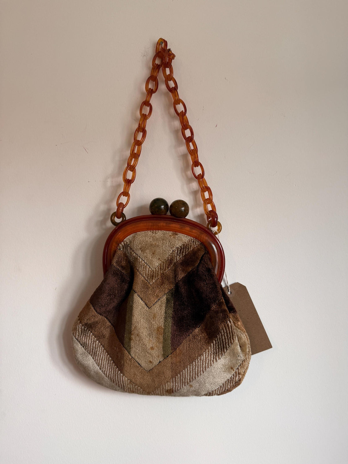 Vintage 1950s Chenille Carpet Bag – Amber Bakelite-Type Frame Chunky Chain Handbag