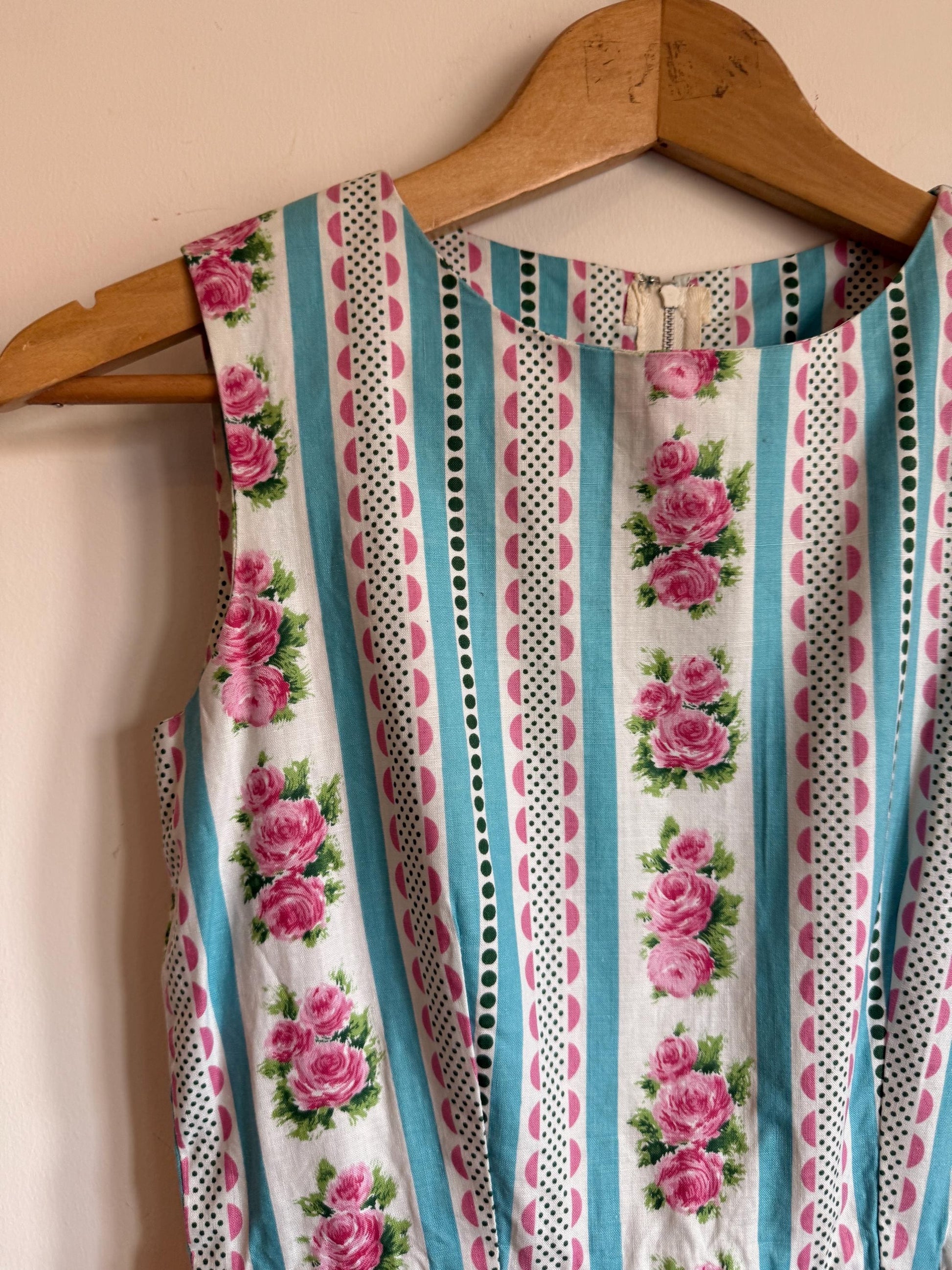 Vintage 1950s Cotton Dress Pink Rose Turquoise Stripe Full Skirt Day Dress