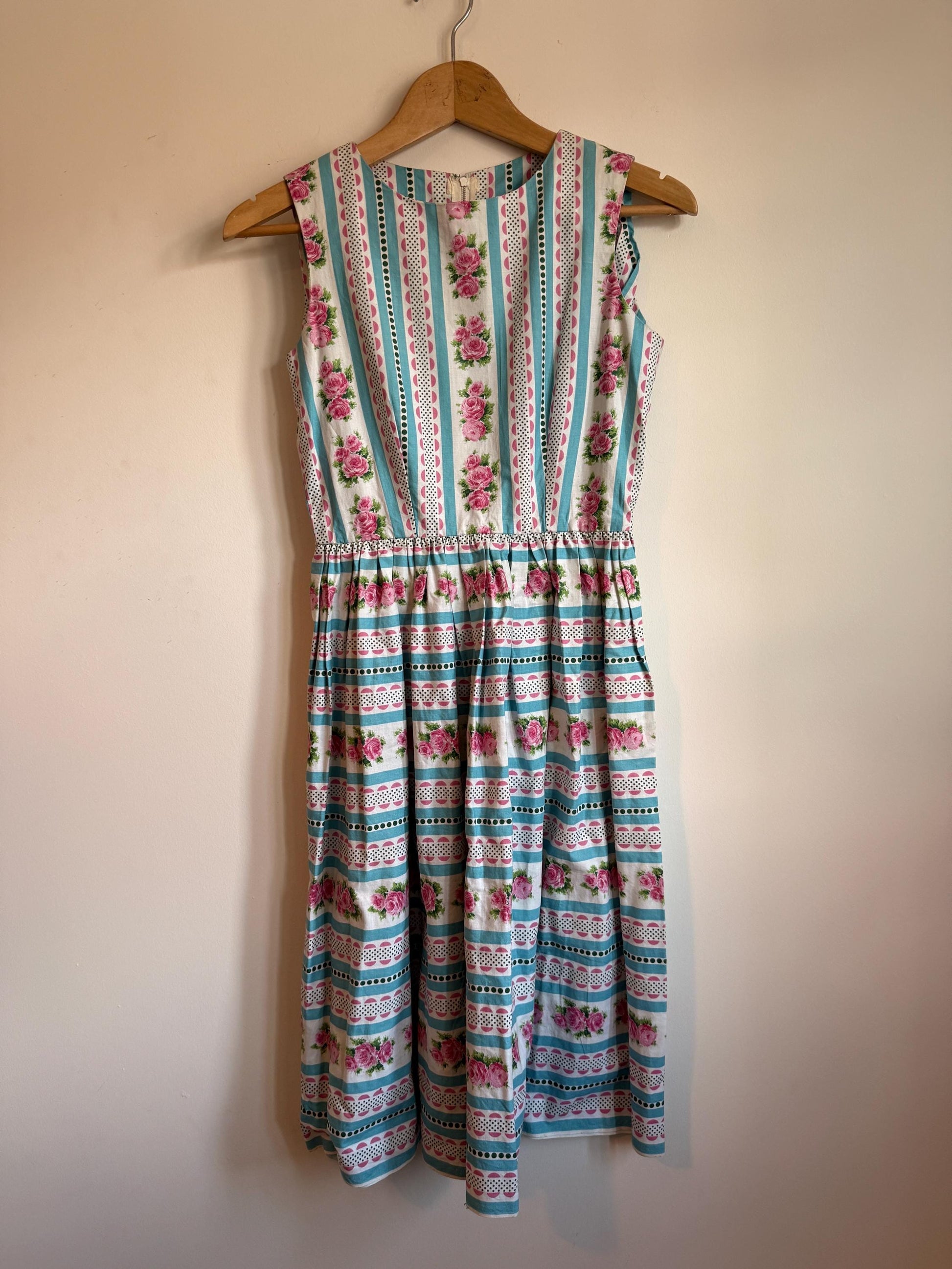 Vintage 1950s Cotton Dress Pink Rose Turquoise Stripe Full Skirt Day Dress