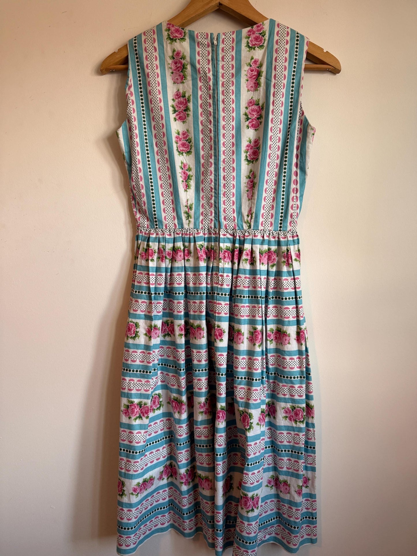 Vintage 1950s Cotton Dress Pink Rose Turquoise Stripe Full Skirt Day Dress