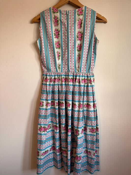 Vintage 1950s Cotton Dress Pink Rose Turquoise Stripe Full Skirt Day Dress