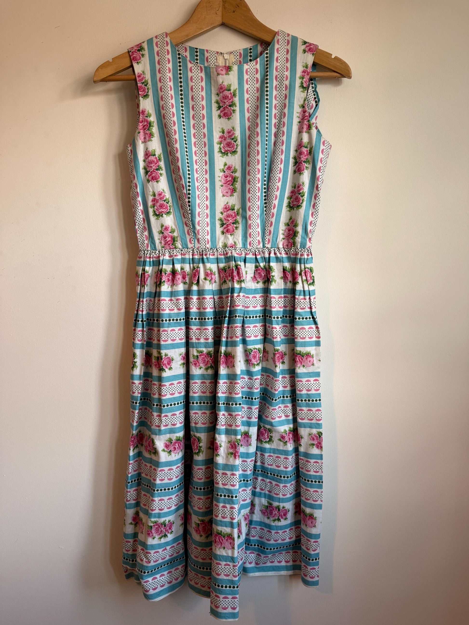 Vintage 1950s Cotton Dress Pink Rose Turquoise Stripe Full Skirt Day Dress