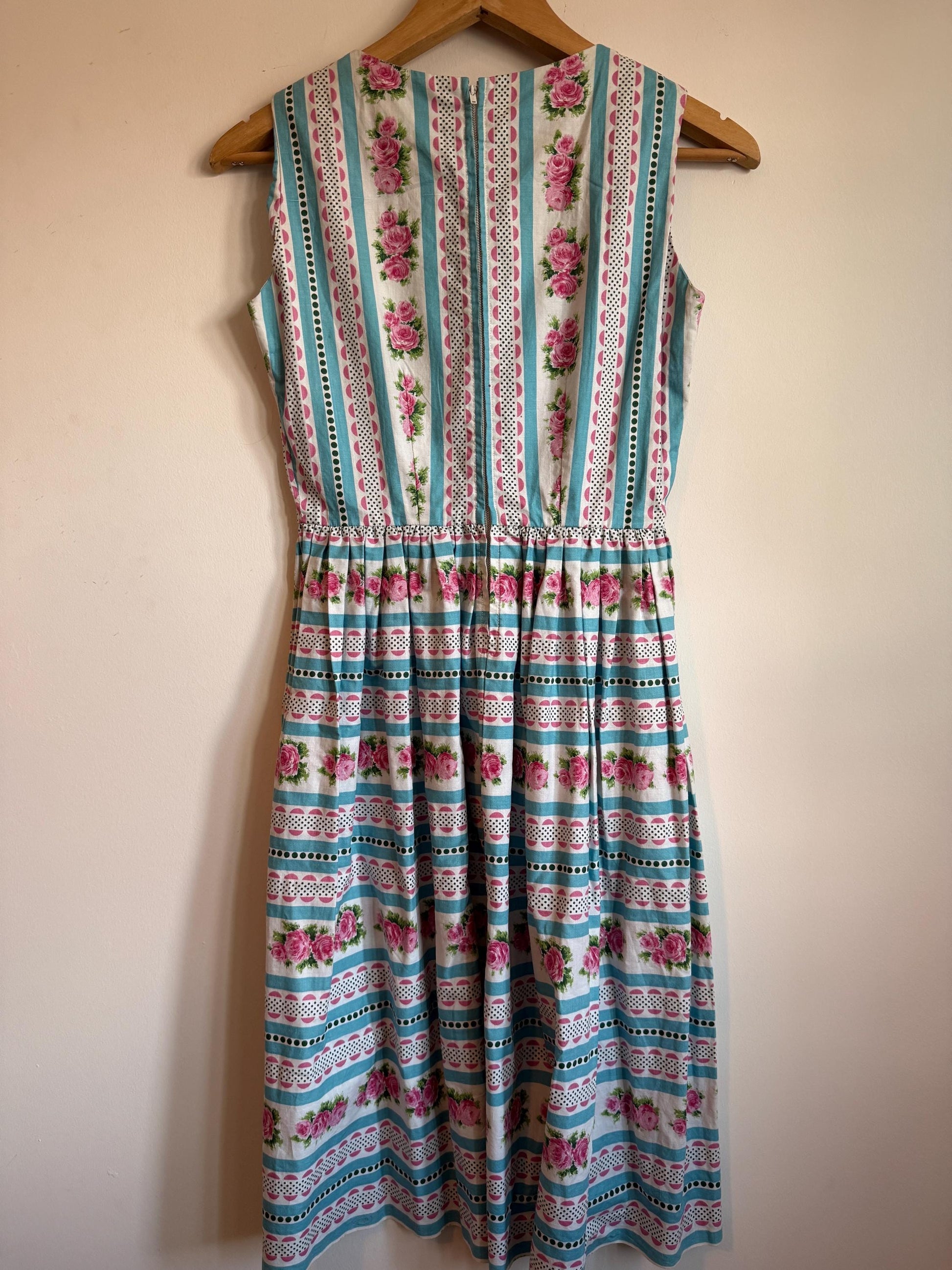 Vintage 1950s Cotton Dress Pink Rose Turquoise Stripe Full Skirt Day Dress