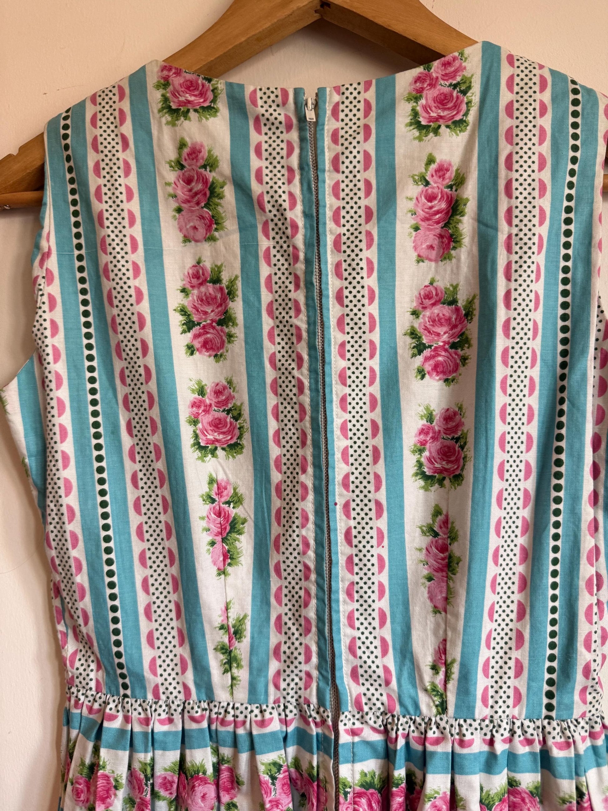 Vintage 1950s Cotton Dress Pink Rose Turquoise Stripe Full Skirt Day Dress