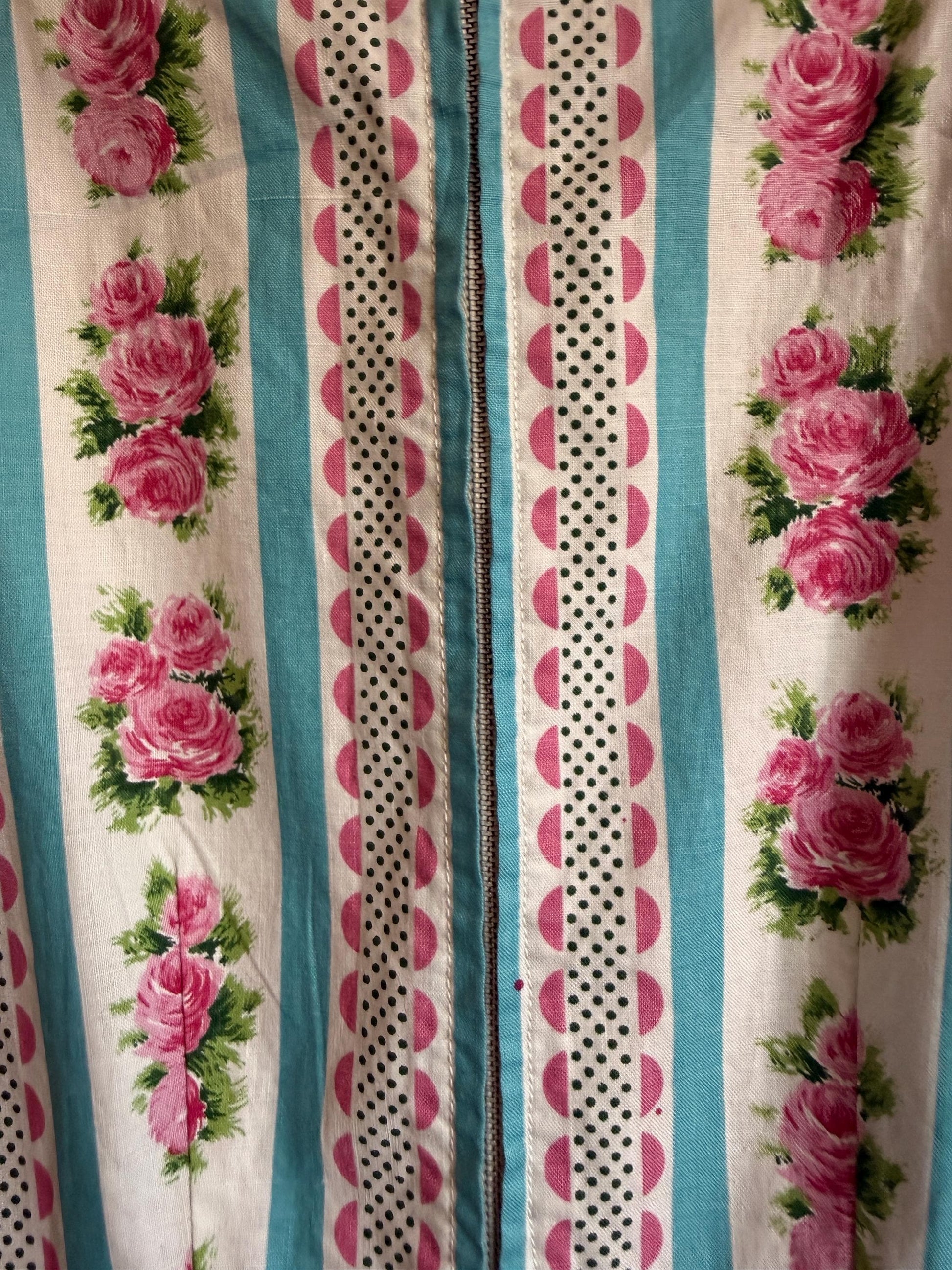 Vintage 1950s Cotton Dress Pink Rose Turquoise Stripe Full Skirt Day Dress
