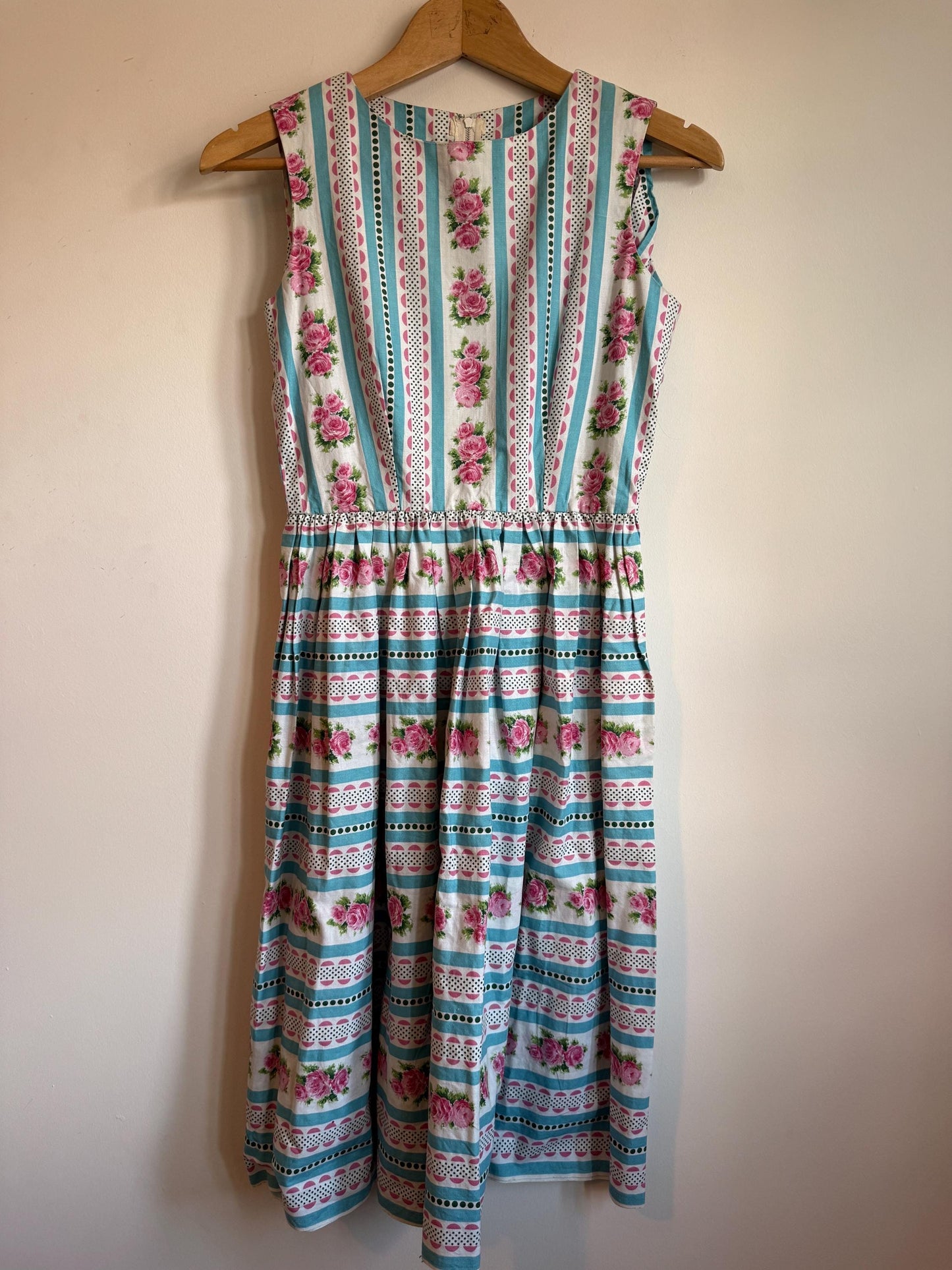 Vintage 1950s Cotton Dress Pink Rose Turquoise Stripe Full Skirt Day Dress