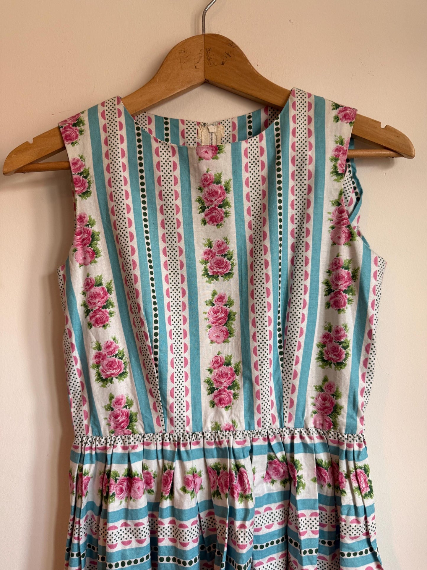 Vintage 1950s Cotton Dress Pink Rose Turquoise Stripe Full Skirt Day Dress