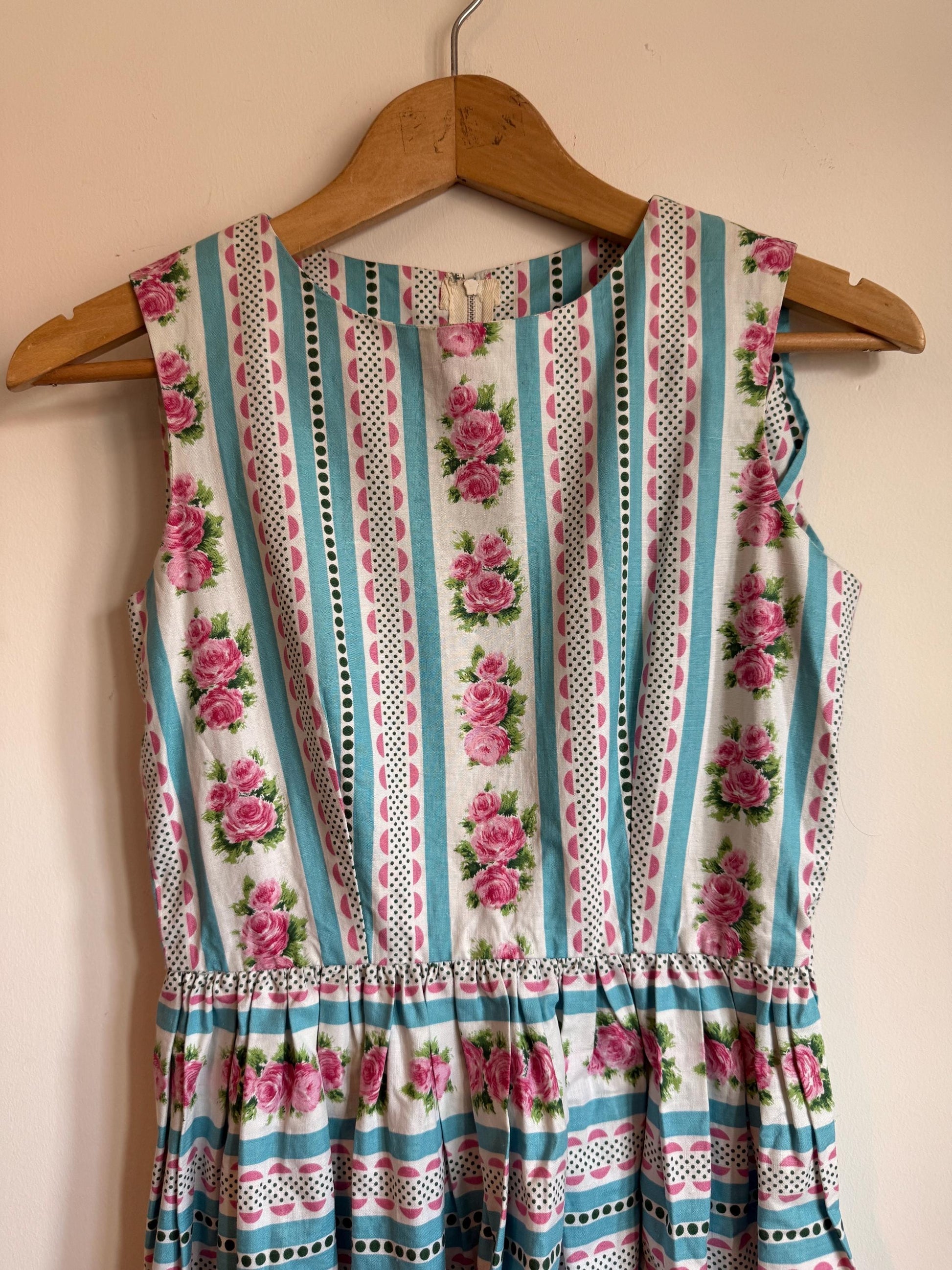 Vintage 1950s Cotton Dress Pink Rose Turquoise Stripe Full Skirt Day Dress