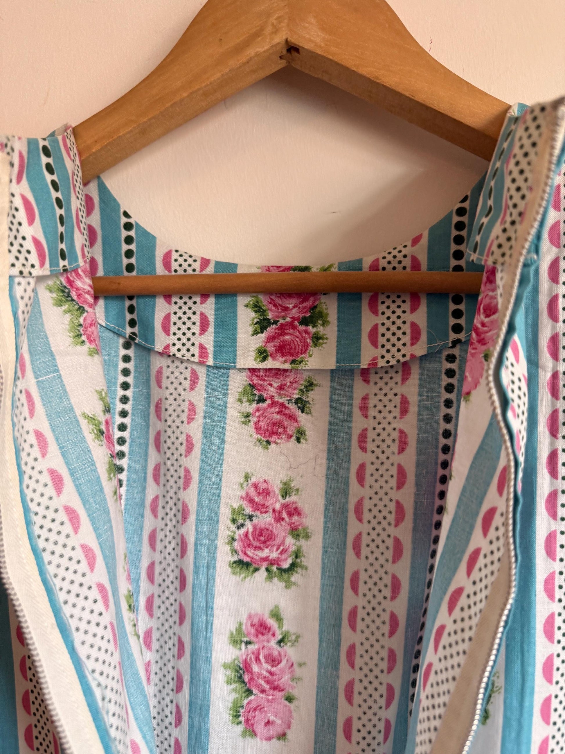 Vintage 1950s Cotton Dress Pink Rose Turquoise Stripe Full Skirt Day Dress