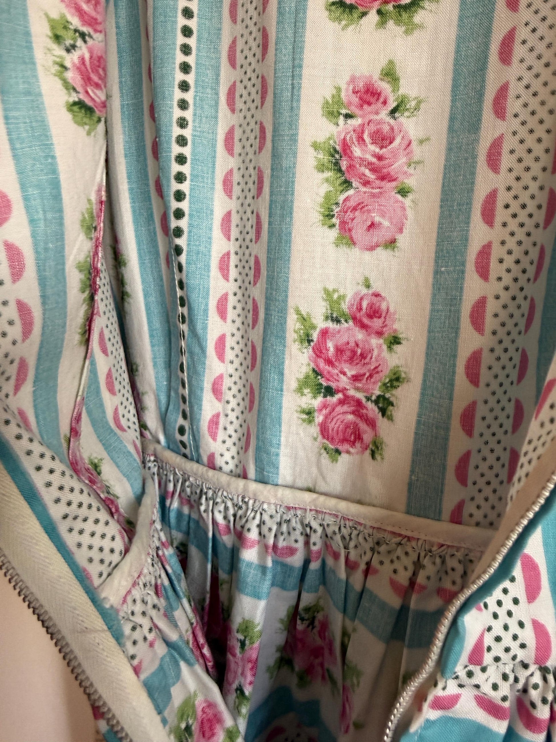 Vintage 1950s Cotton Dress Pink Rose Turquoise Stripe Full Skirt Day Dress