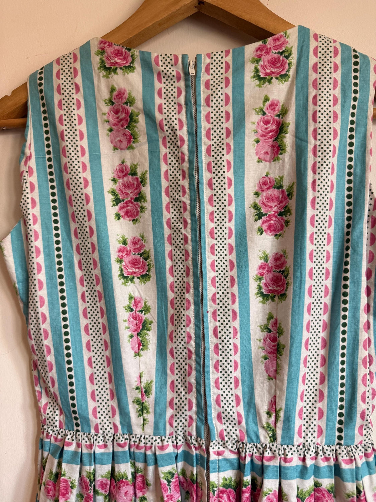 Vintage 1950s Cotton Dress Pink Rose Turquoise Stripe Full Skirt Day Dress