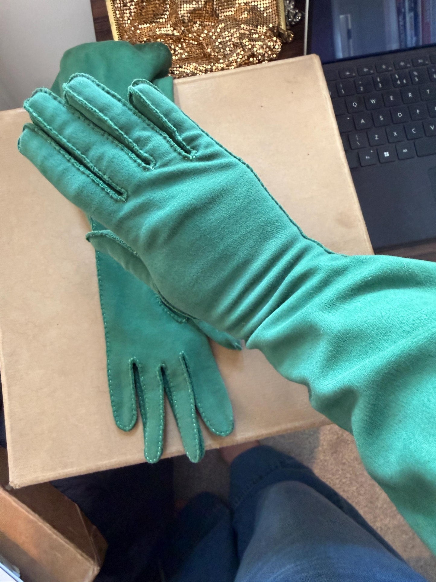 Vintage 1950s Dawnelle Green Cotton Gauntlet Gloves Size 6 1/2 Made in USA