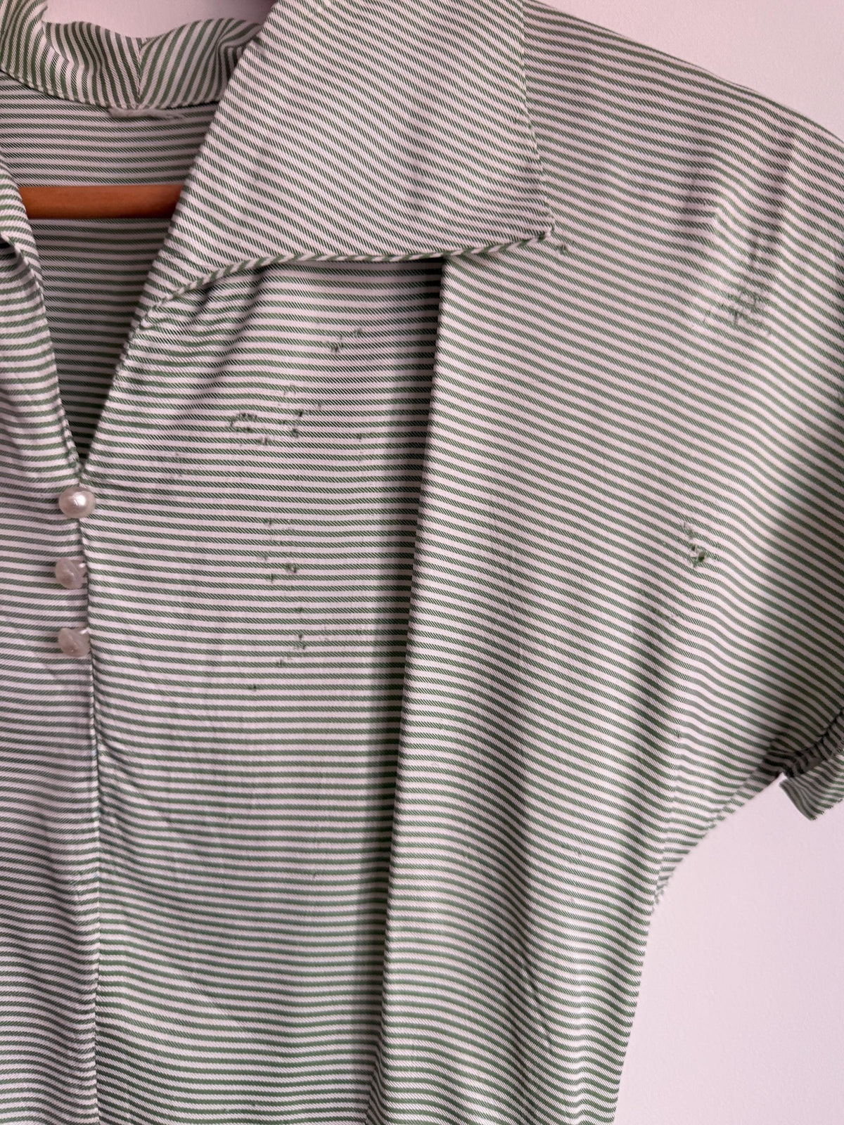 Vintage 1950s Green Stripe Day Dress | Cotton Shirtwaist Style Dress | Retro Summer Dress | Pinstripe Tea Dress | UK 8-10