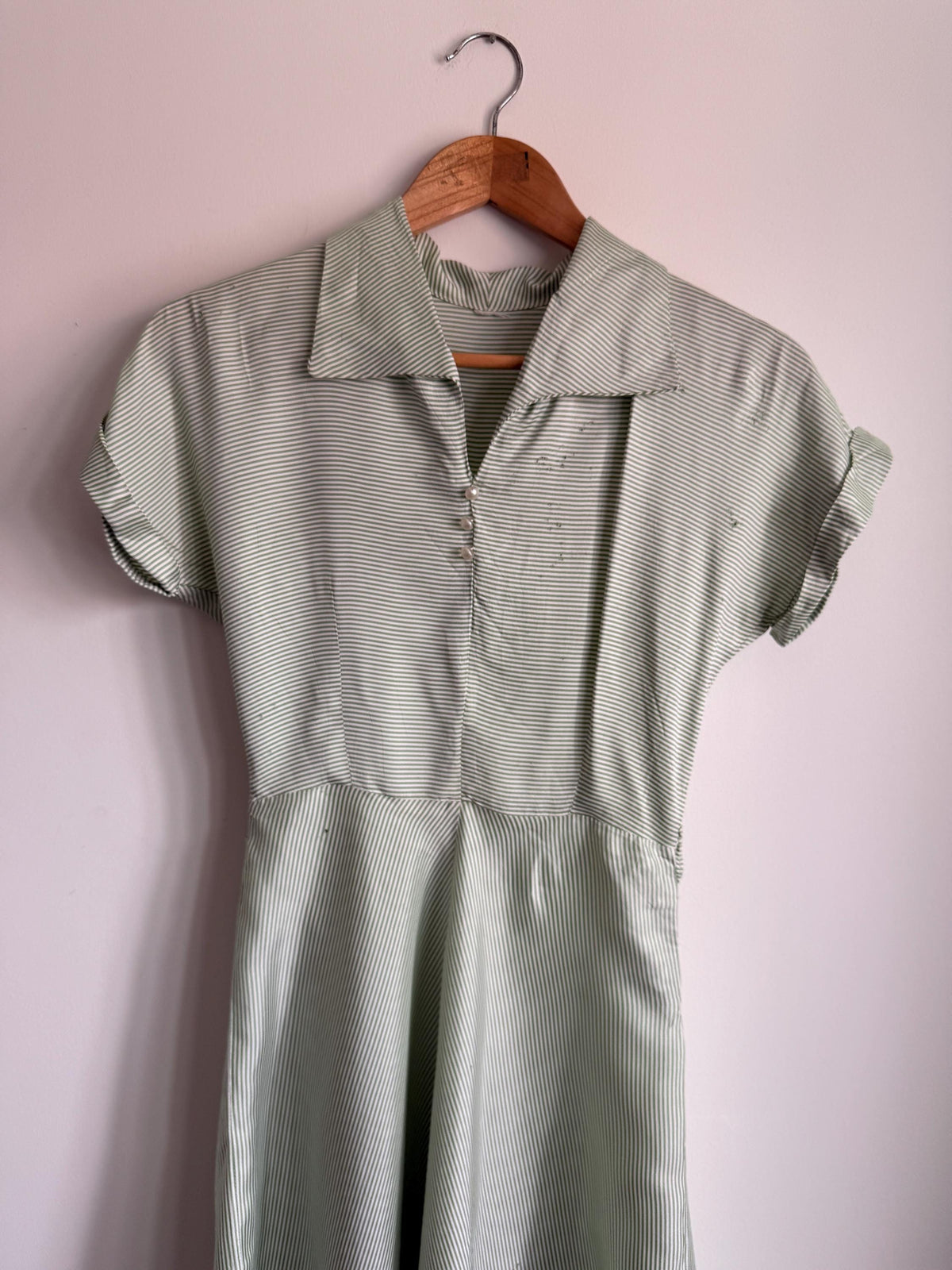 Vintage 1950s Green Stripe Day Dress | Cotton Shirtwaist Style Dress | Retro Summer Dress | Pinstripe Tea Dress | UK 8-10
