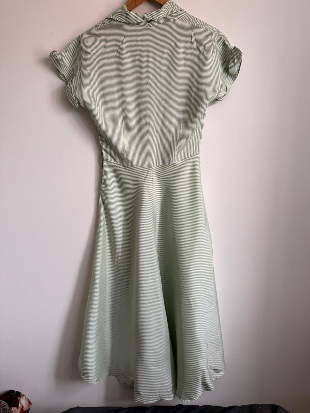 Vintage 1950s Green Stripe Day Dress | Cotton Shirtwaist Style Dress | Retro Summer Dress | Pinstripe Tea Dress | UK 8-10