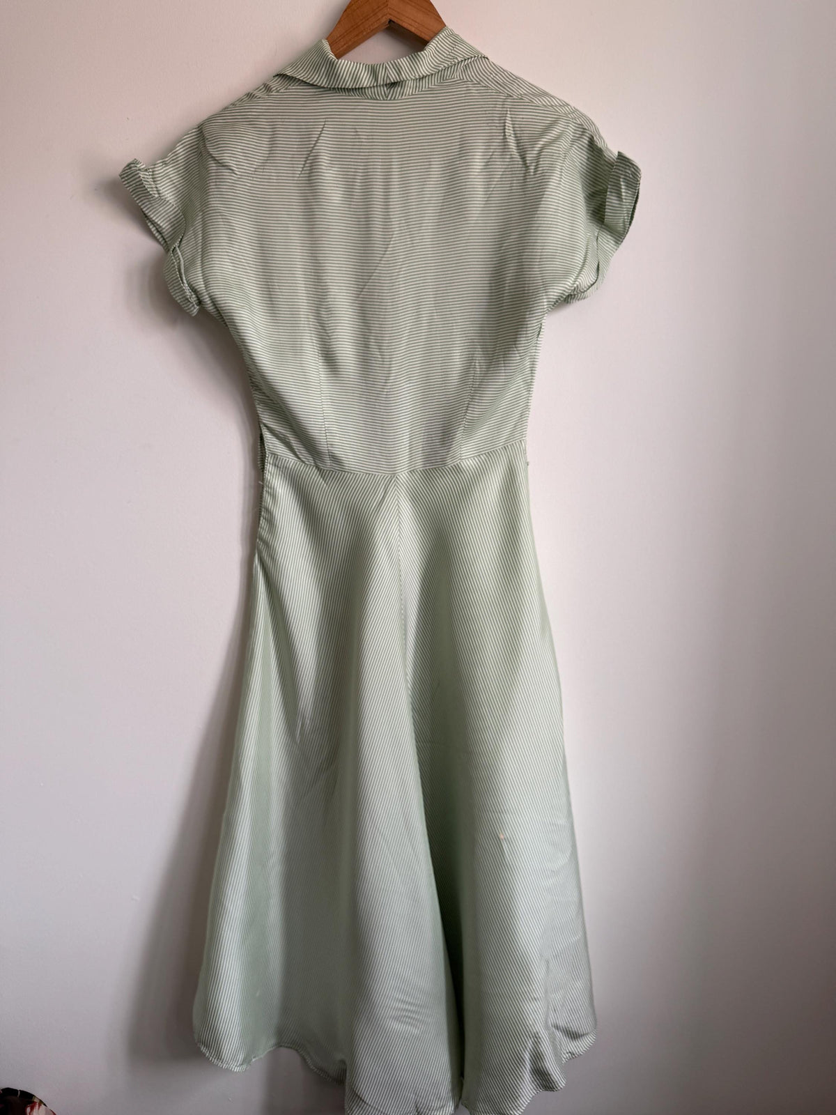 Vintage 1950s Green Stripe Day Dress | Cotton Shirtwaist Style Dress | Retro Summer Dress | Pinstripe Tea Dress | UK 8-10